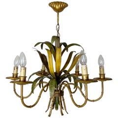 1950s French Gilt Bamboo and Leaf Tole Chandelier