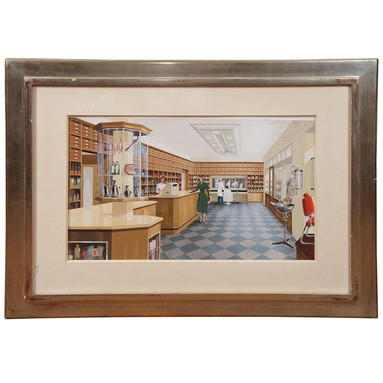 1950s French Gouache of Hairdressing Salon For Sale