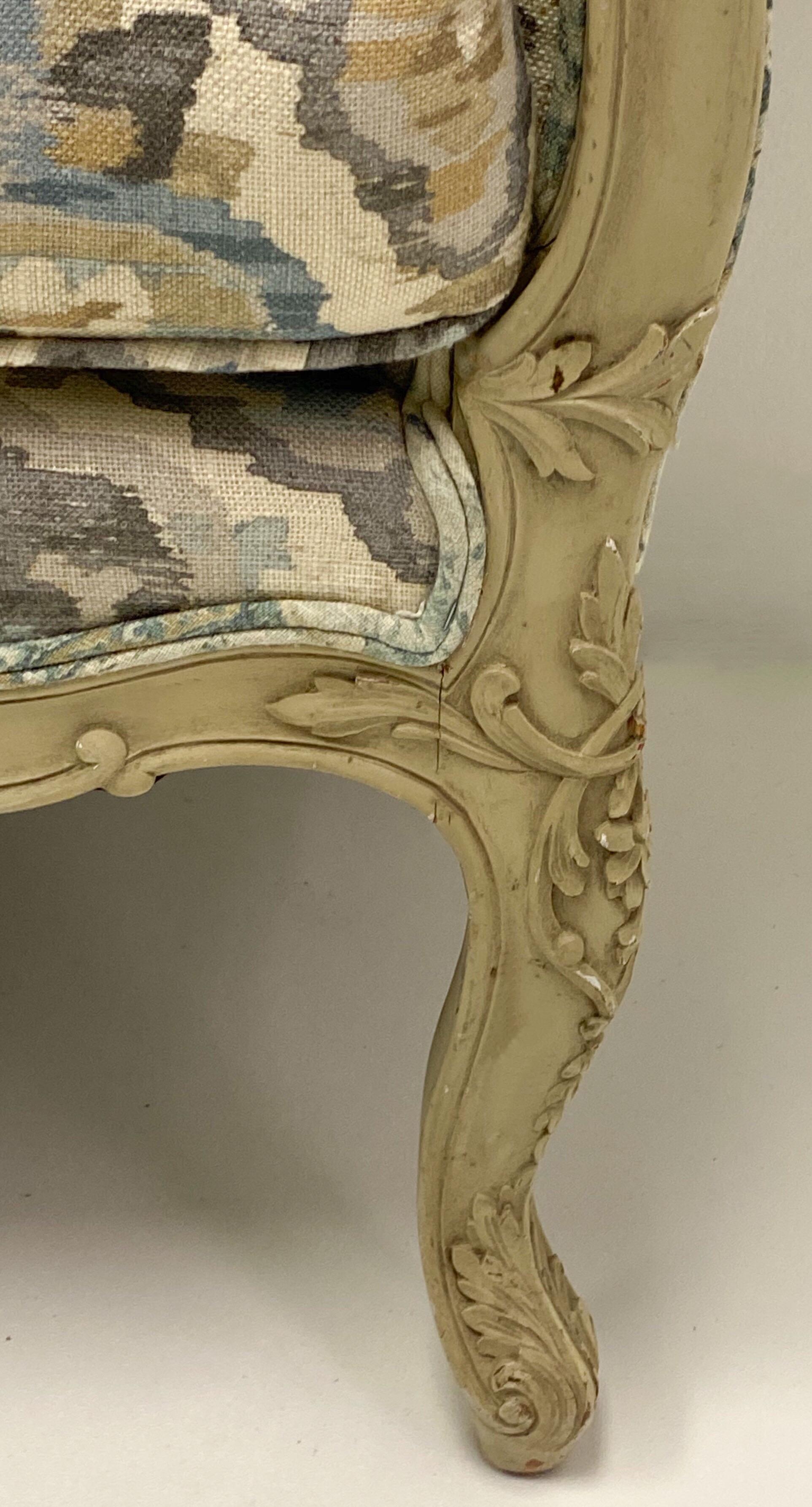 American 1950s French Gray Carved and Painted Bench For Sale