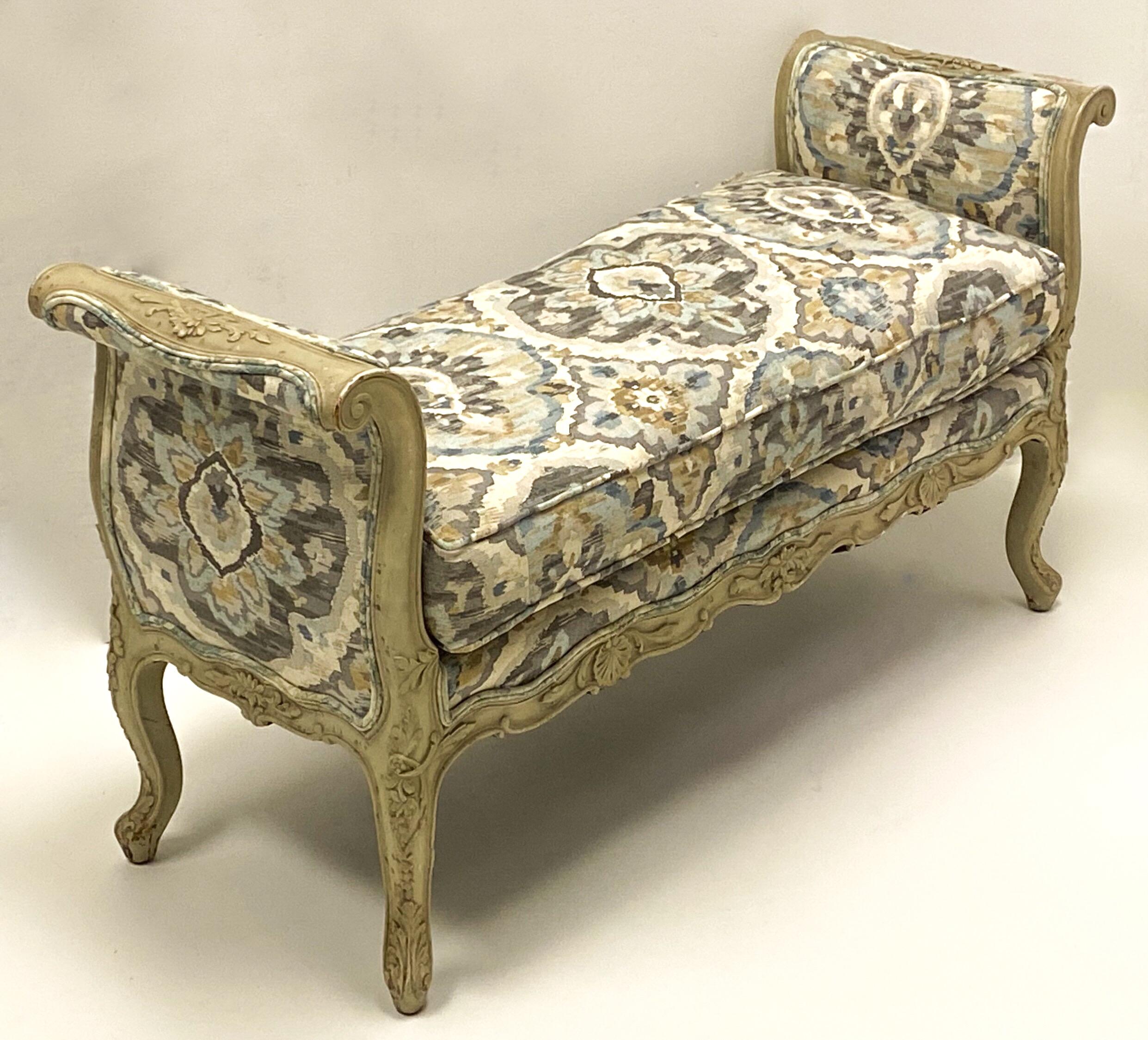 Mid-20th Century 1950s French Gray Carved and Painted Bench 