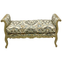 1950s French Gray Carved and Painted Bench