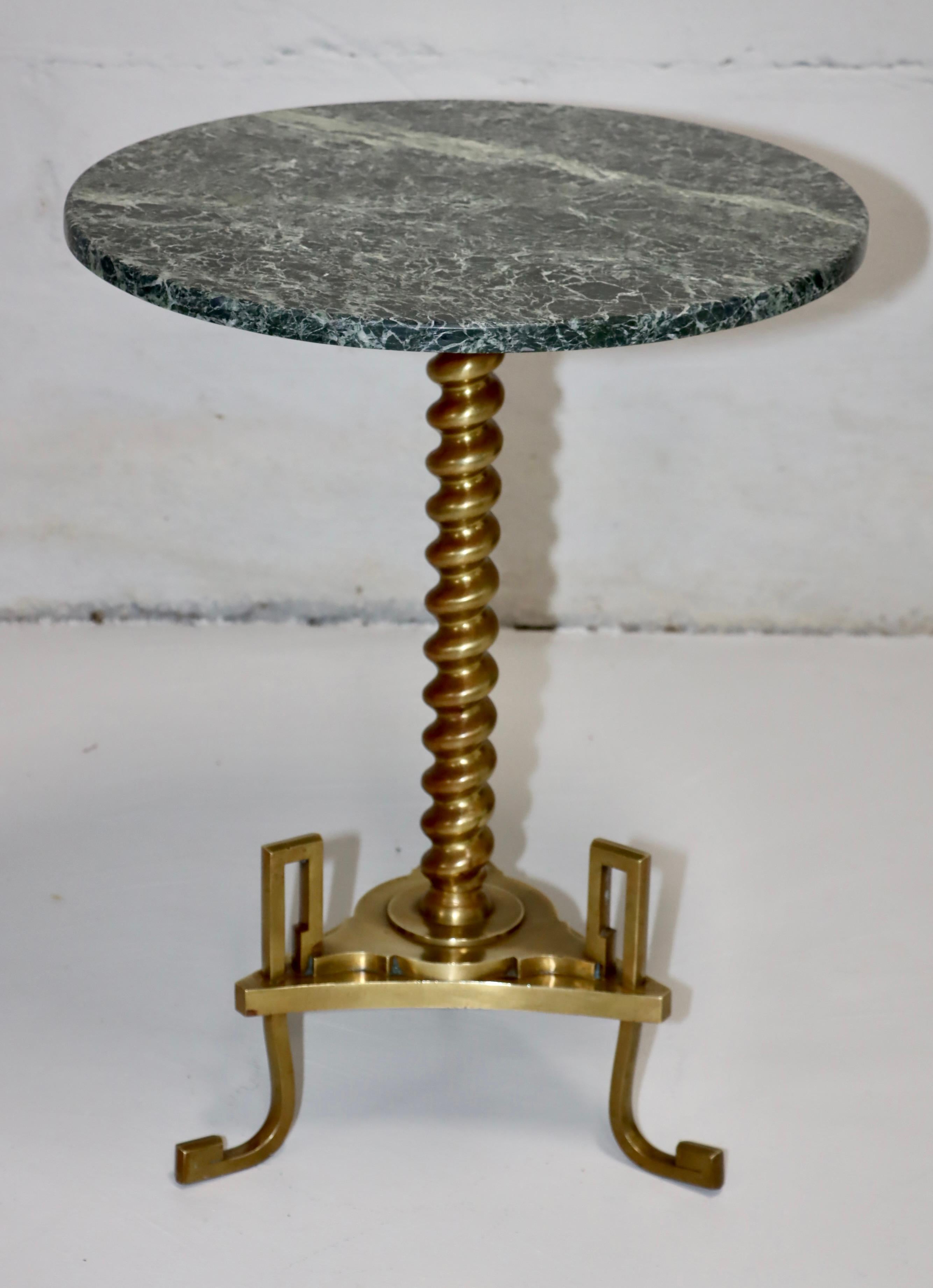 1950's mid-century modern Greek key French bronze and marble side table, in vintage condition with some wear and patina to the bronze due to age and use.
