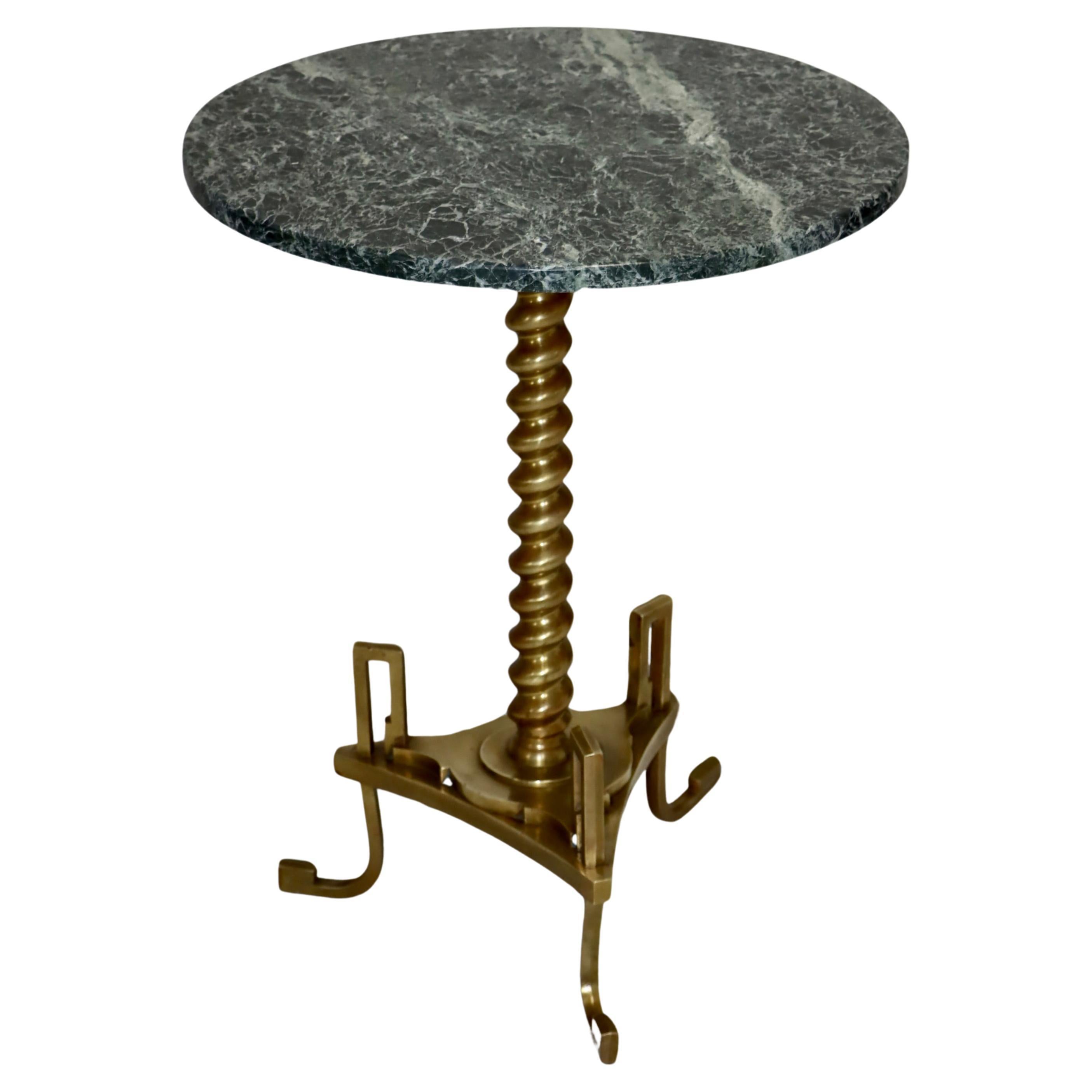 1950's French Greek Key Bronze Side Table With Marble Top For Sale