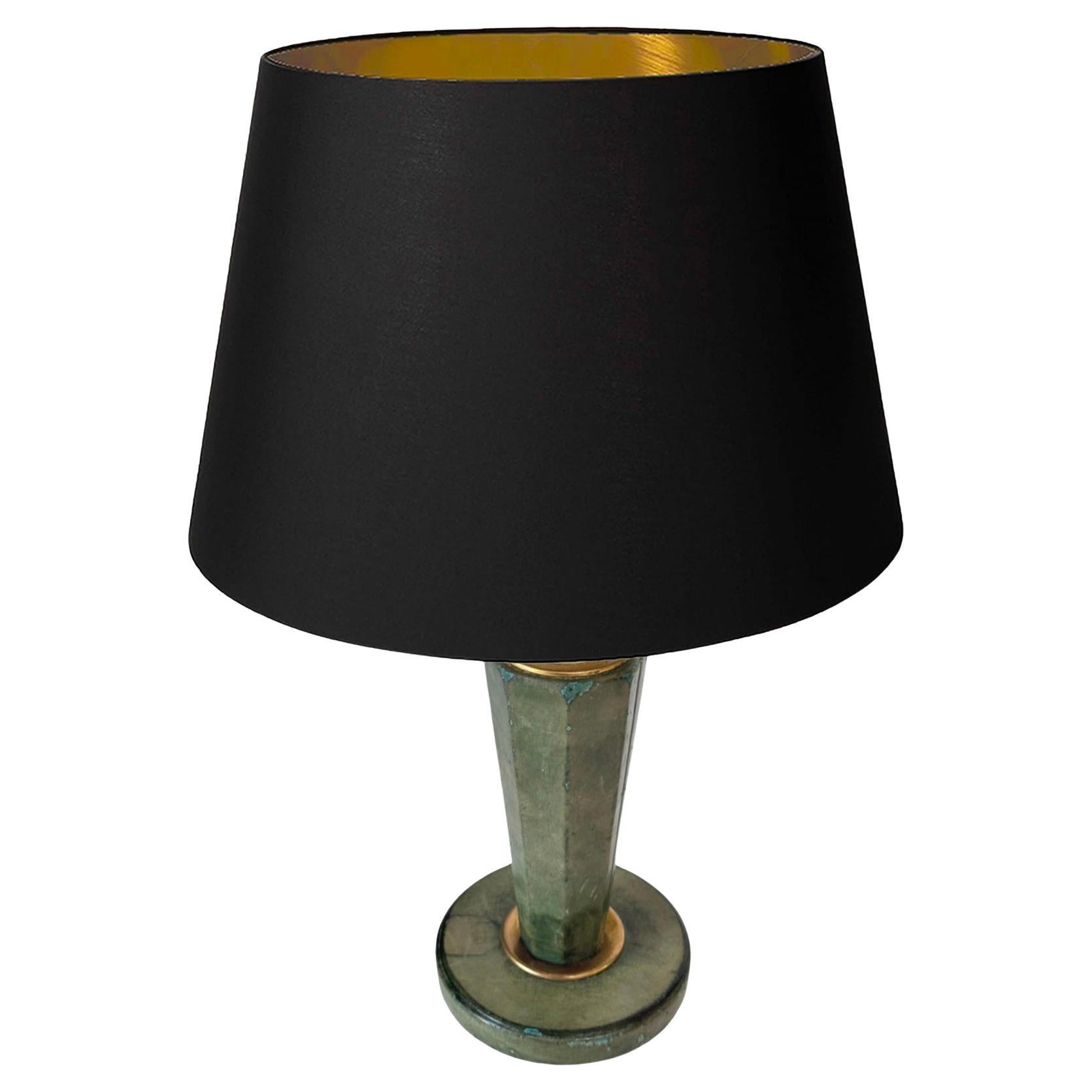 1950s French Green Leather Table Lamp – Brass Details – Jacques Adnet Style For Sale