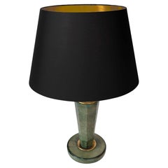 1950s French Green Leather Table Lamp – Brass Details – Jacques Adnet Style
