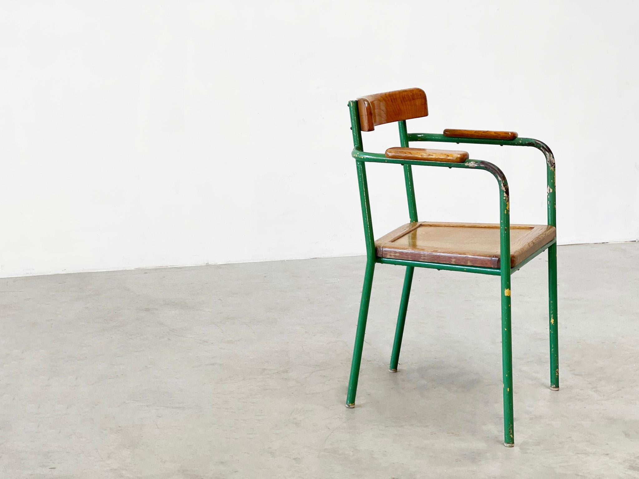 Oak 1950's French Green metal easy chair in the manner of Jean Prouvé  For Sale