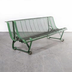 1950's French Green Perforated Steel Outdoor Bench, Scroll Feet