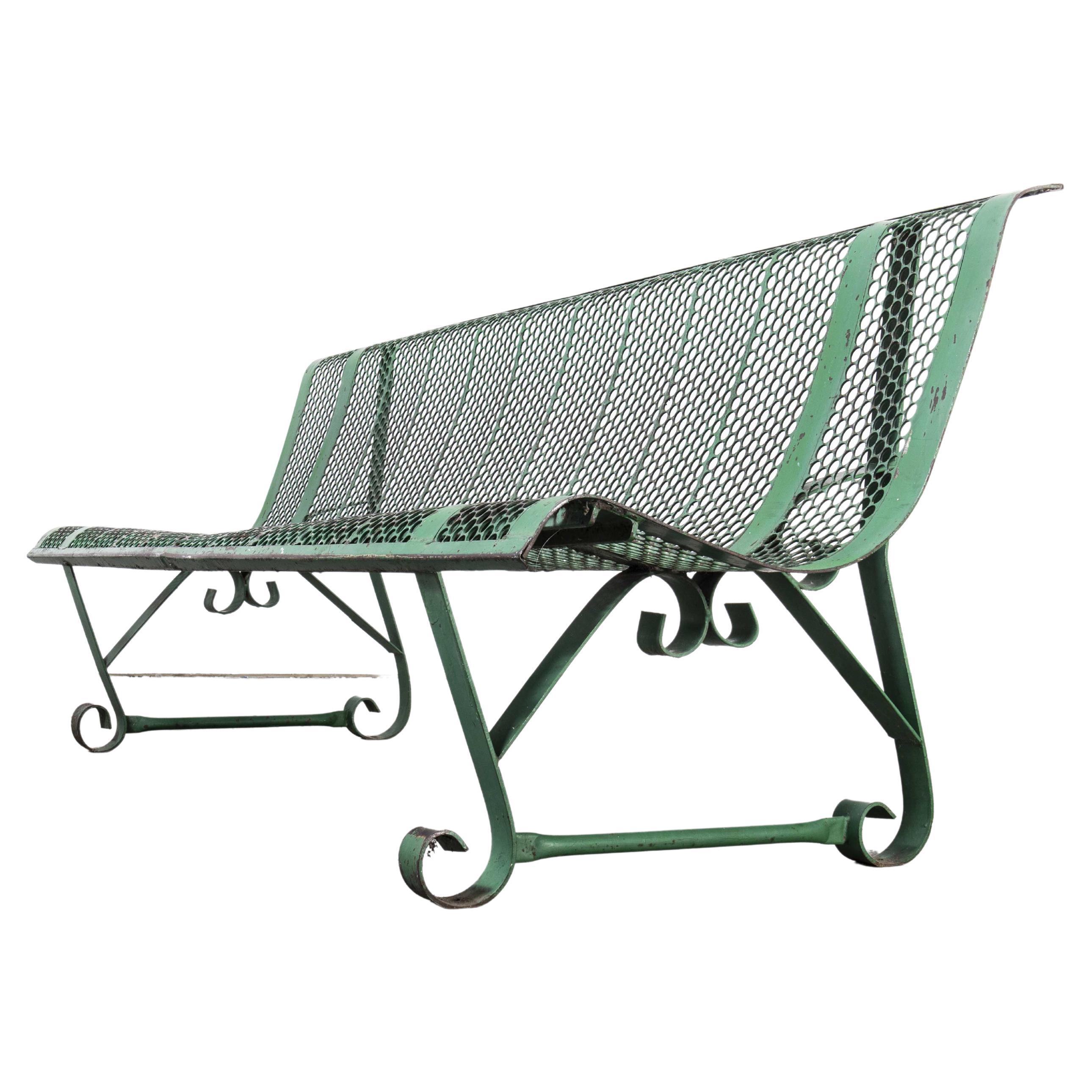 1950
s French Green Perforated Steel Outdoor Bench, Scroll Feet