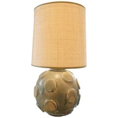 1950s French Green Pottery Lamp with Disc Detail