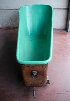 1950s French Green Zinc Decorated Bathtub with Lion Head Handle and Bronze Tap