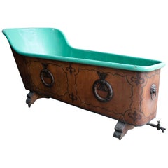 Retro 1950s French Green Zinc Decorated Bathtub with Lion Head Handle and Bronze Tap