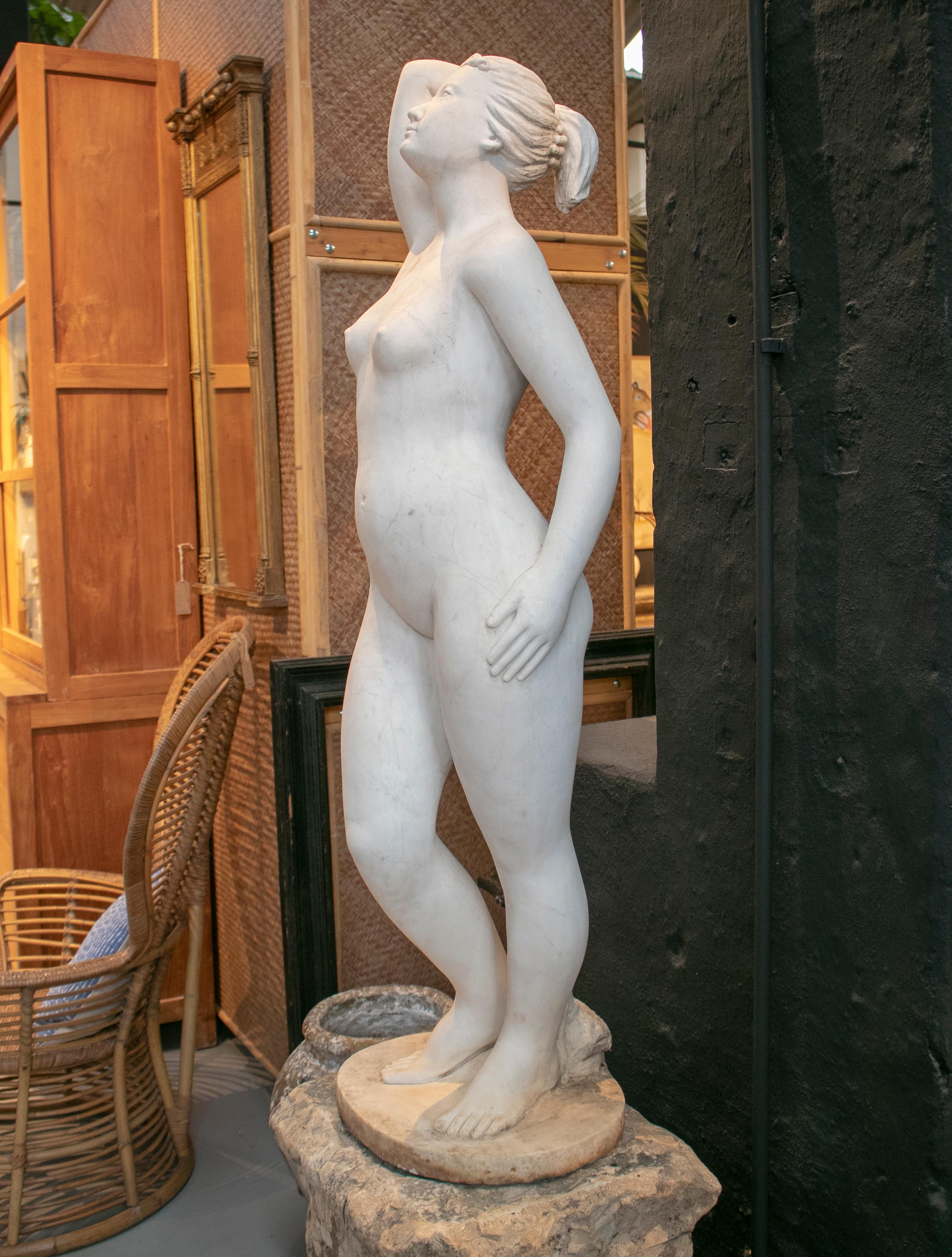 1950s French Hand Carved Female White Marble Sculpture In Good Condition In Marbella, ES