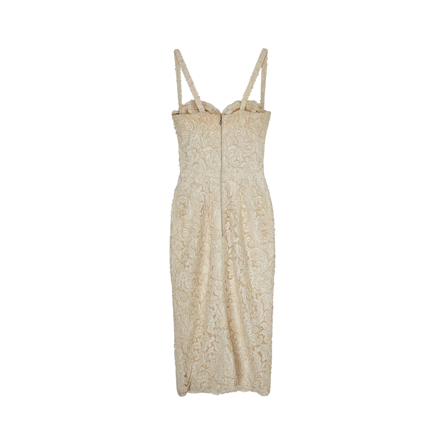 1950er Jahre Französisch Haute Couture Creme Spitze Bustier Kleid (Beige) im Angebot