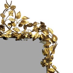 1950s French Highly Decorative Gilt Metal Toleware Floral Glass Wall Mirror