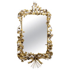 1950s French Highly Decorative Gilt Metal Toleware Floral Glass Wall Mirror