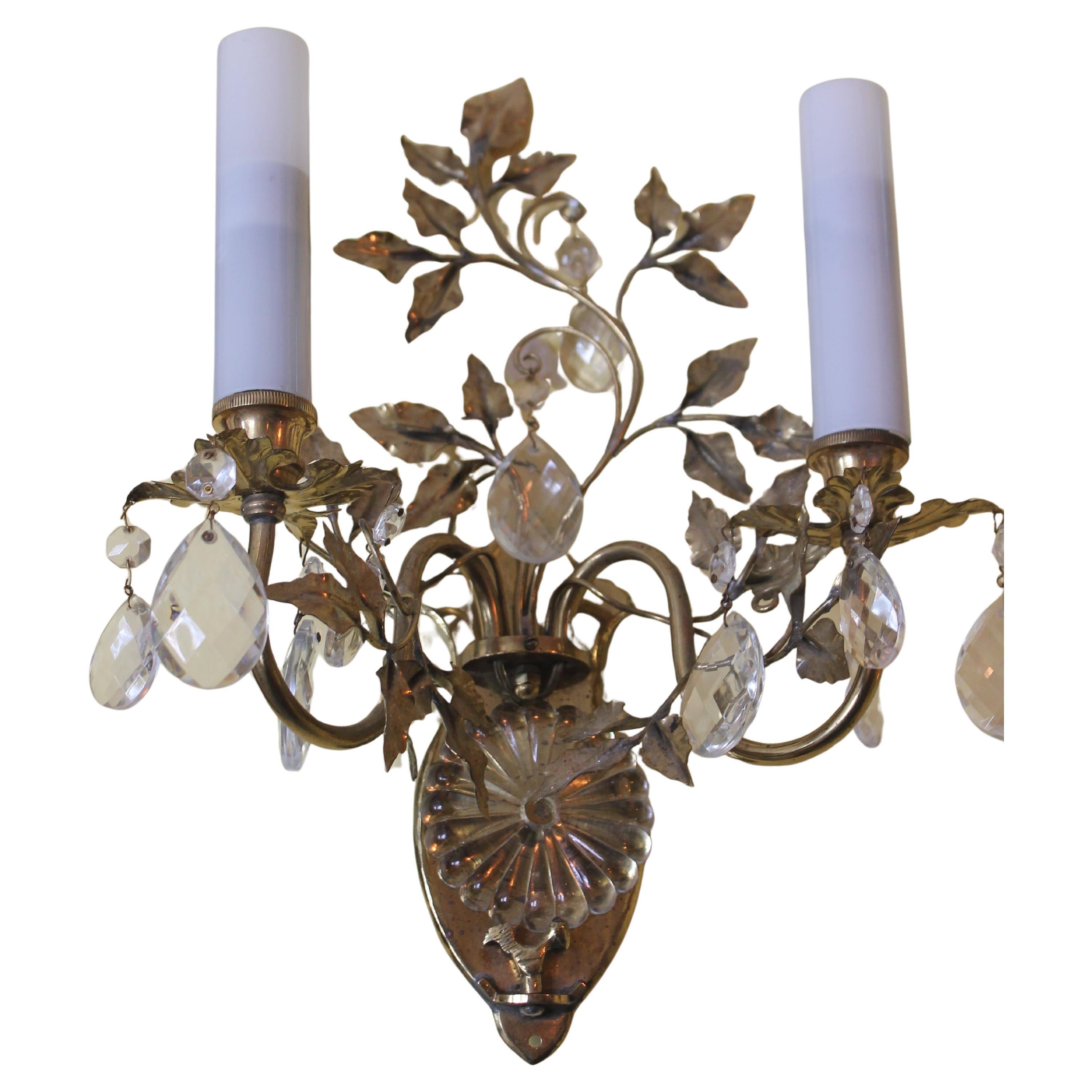 Applique murale 1950s French Hollywood Regency Brass/ Bronze Floral Form w/ Crystal