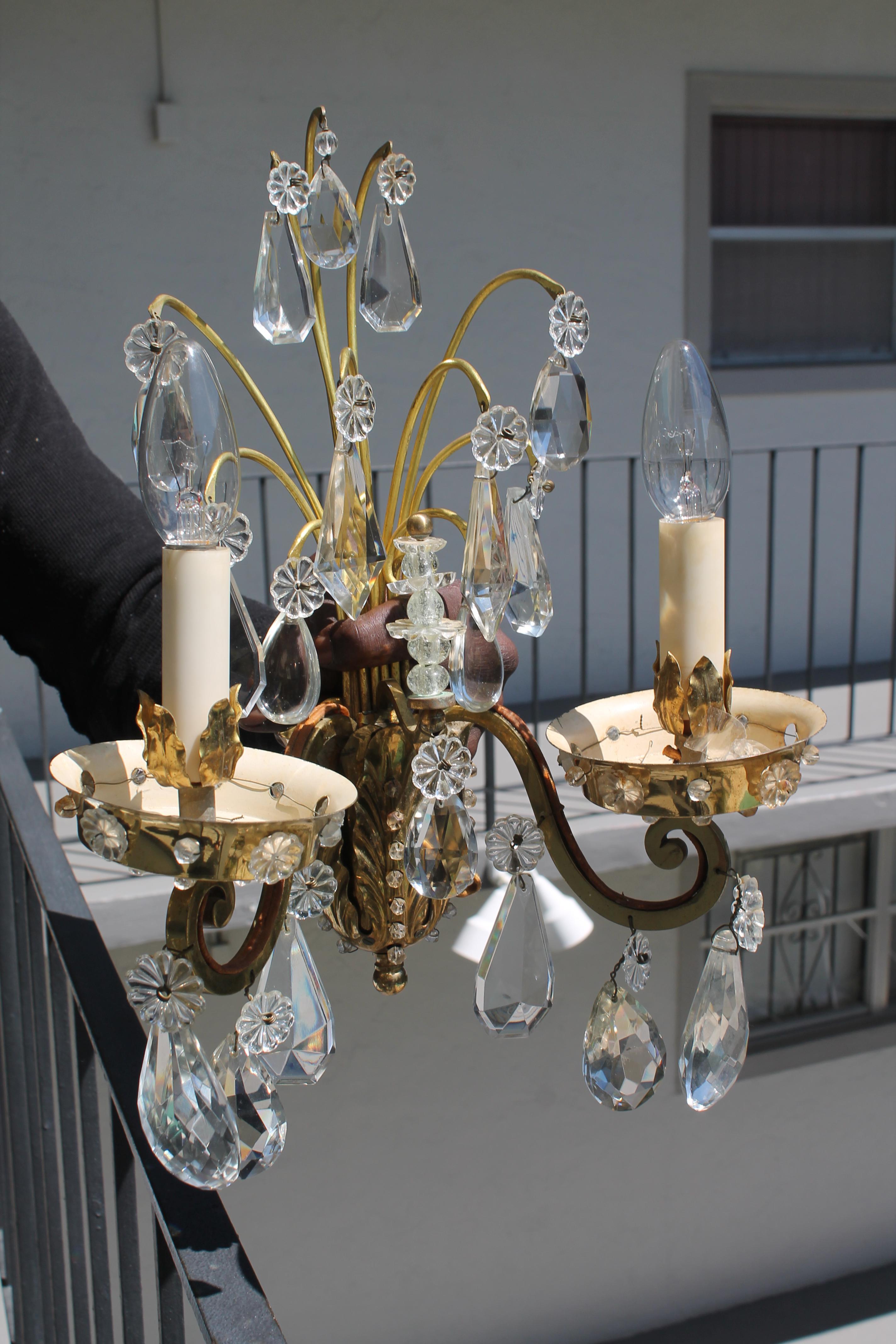 1950s French Hollywood Regency Gilt Bronze w/ Crystal Wall Sconces Maison Bagues For Sale 7