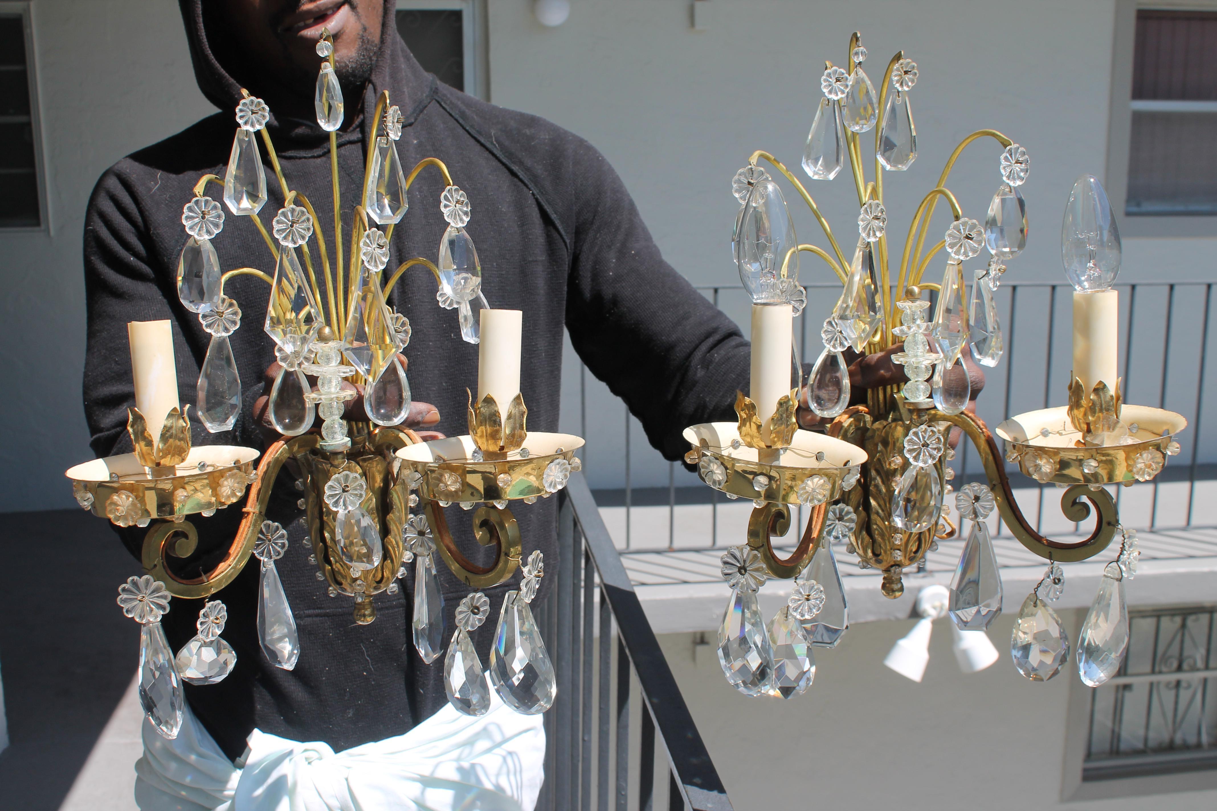 1950s French Hollywood Regency Gilt Bronze w/ Crystal Wall Sconces Maison Bagues For Sale 9