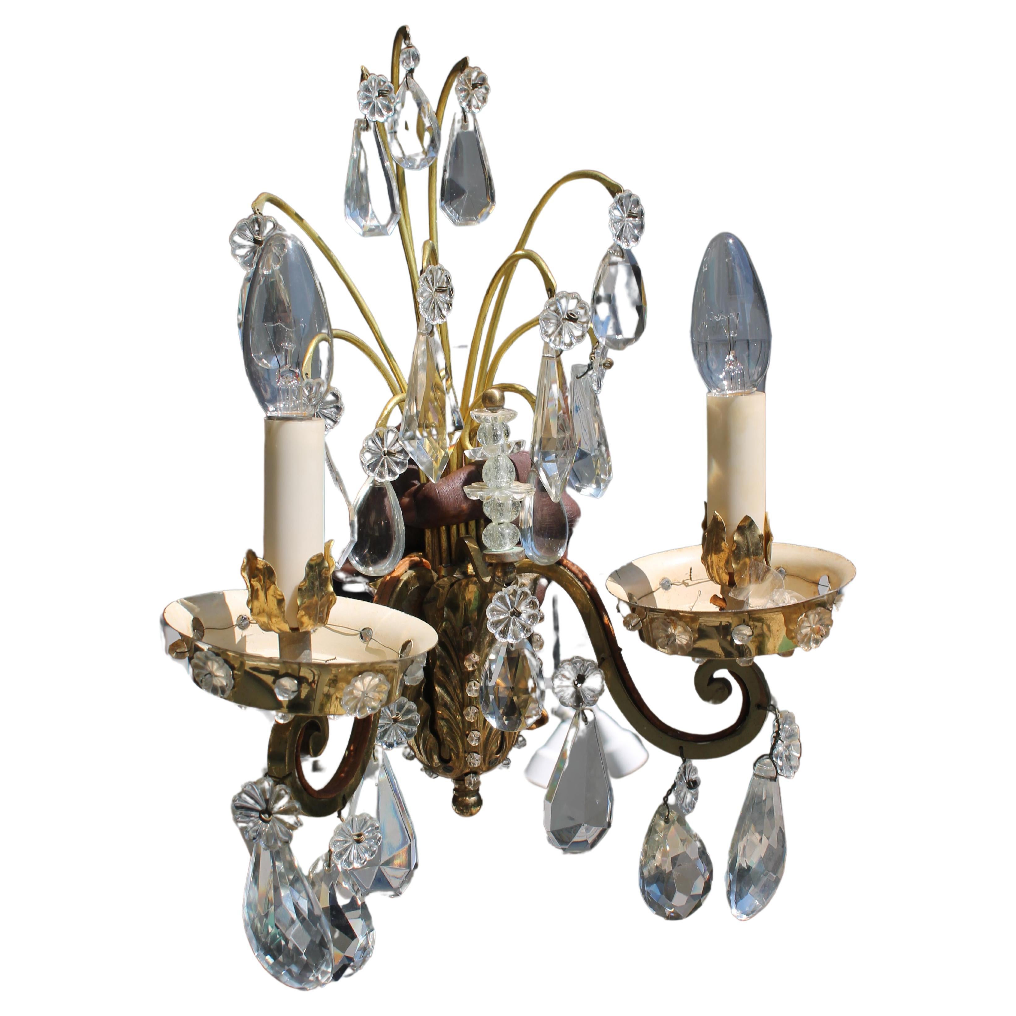 Pair of Large French Gilt Bronze with Cut Crystal Floral Decor Wall Sconces by Maison Bagues Paris. These are stunning! Statement lighting by France' finest. French estate.