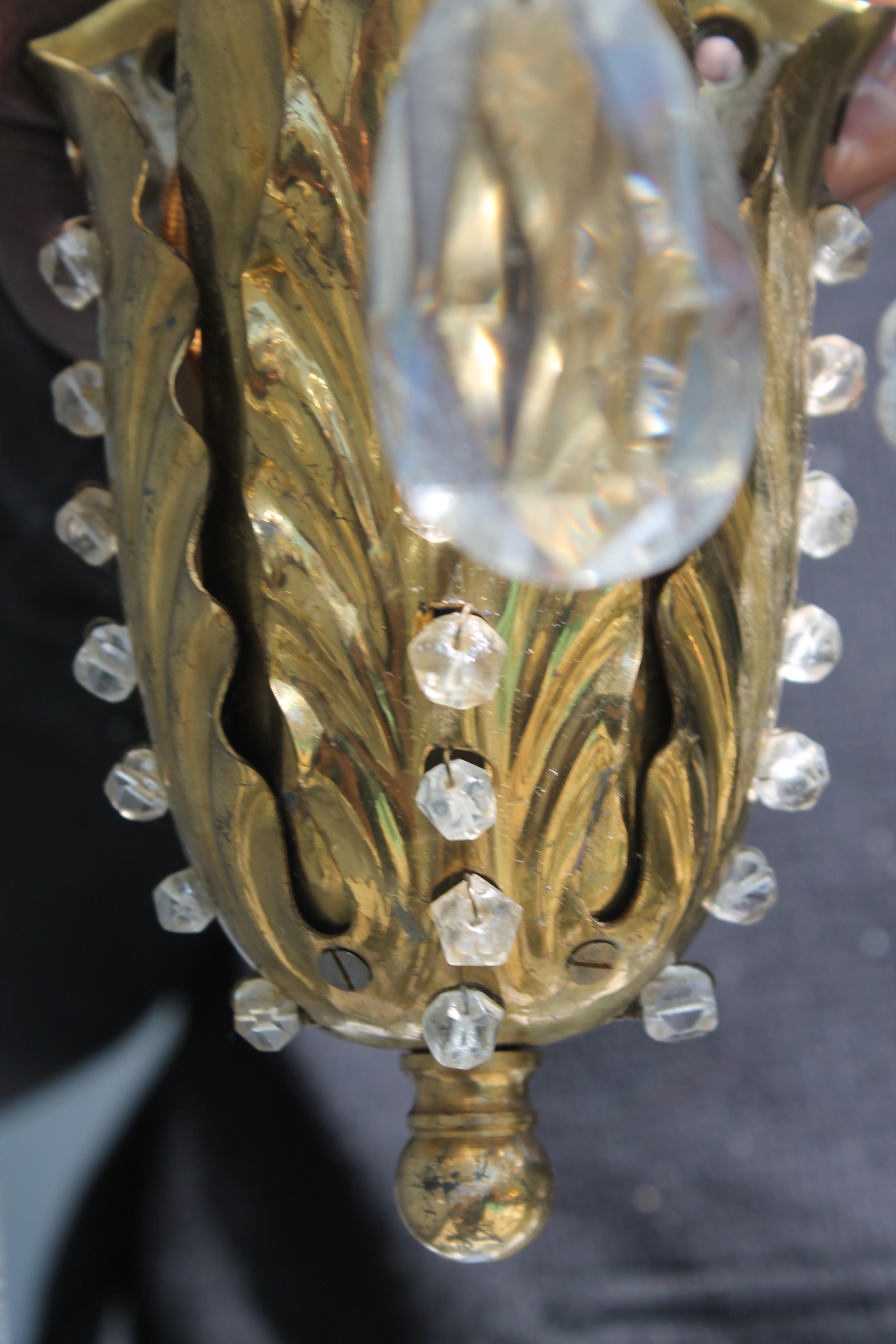 1950s French Hollywood Regency Gilt Bronze w/ Crystal Wall Sconces Maison Bagues For Sale 3