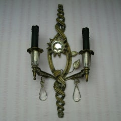 1950s French Hollywood Regency Silvered Steel/ Crystal Wall Sconce Maison Bagues