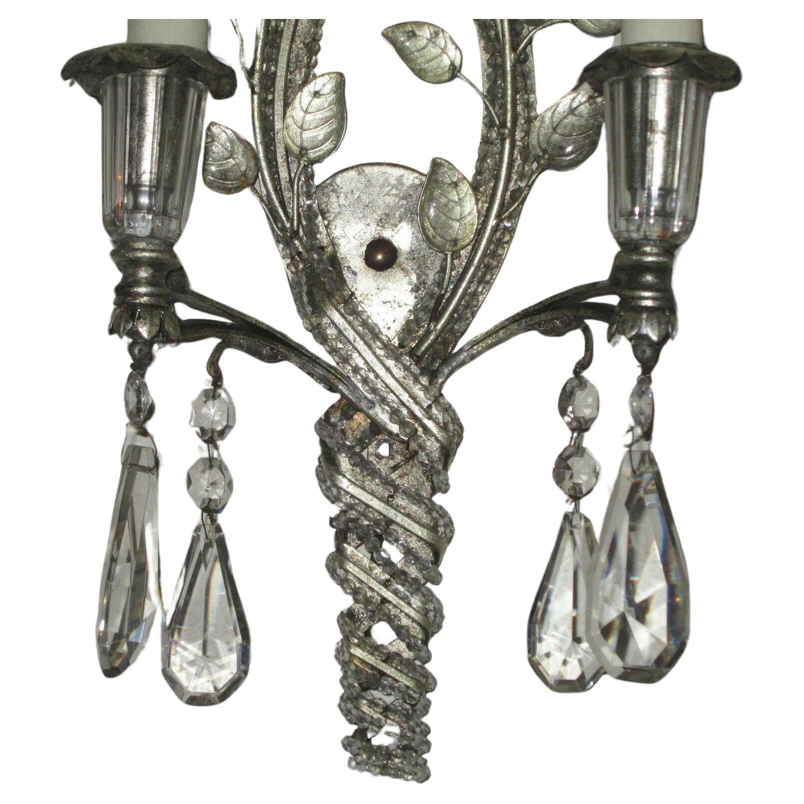 1950s French Hollywood Regency Silvered Steel/ Crystal Wall Sconce Maison Bagues In Good Condition For Sale In Opa Locka, FL