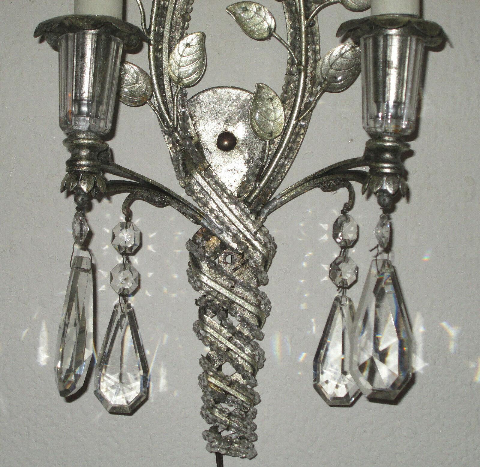 Mid-20th Century 1950s French Hollywood Regency Silvered Steel/ Crystal Wall Sconce Maison Bagues For Sale