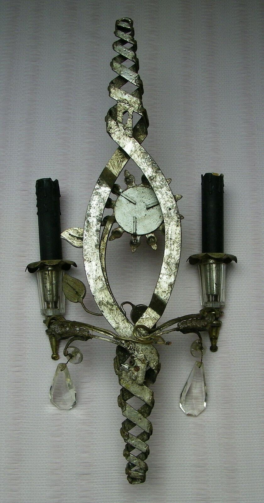 Metal 1950s French Hollywood Regency Silvered Steel/ Crystal Wall Sconce Maison Bagues For Sale
