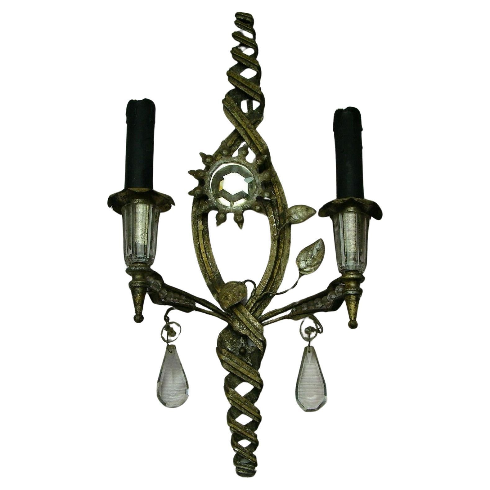 1950s French Hollywood Regency Silvered Steel/ Crystal Wall Sconce Maison Bagues For Sale