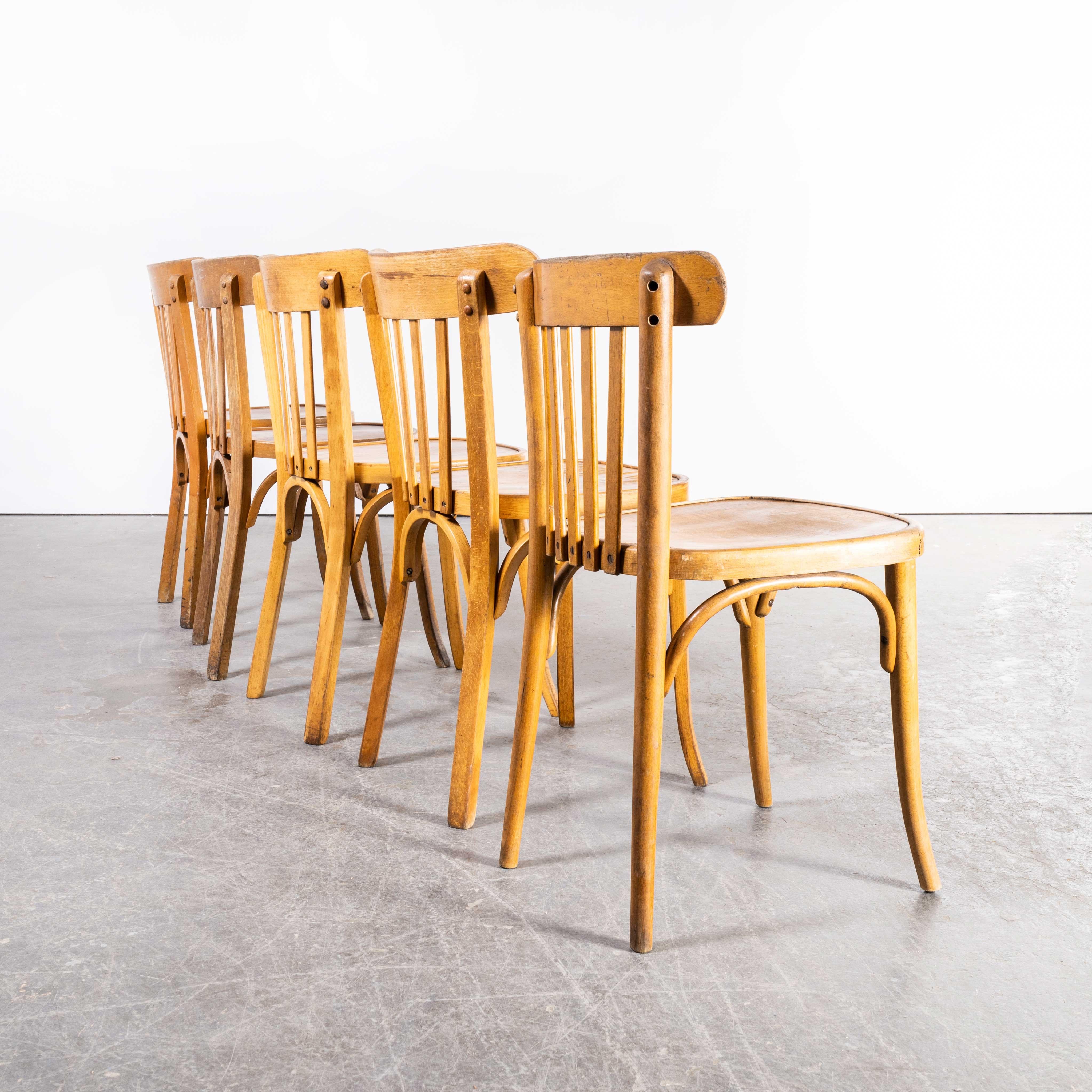 Mid-20th Century 1950s French Honey Colour Dining Chairs, Harlequin Set of Five For Sale
