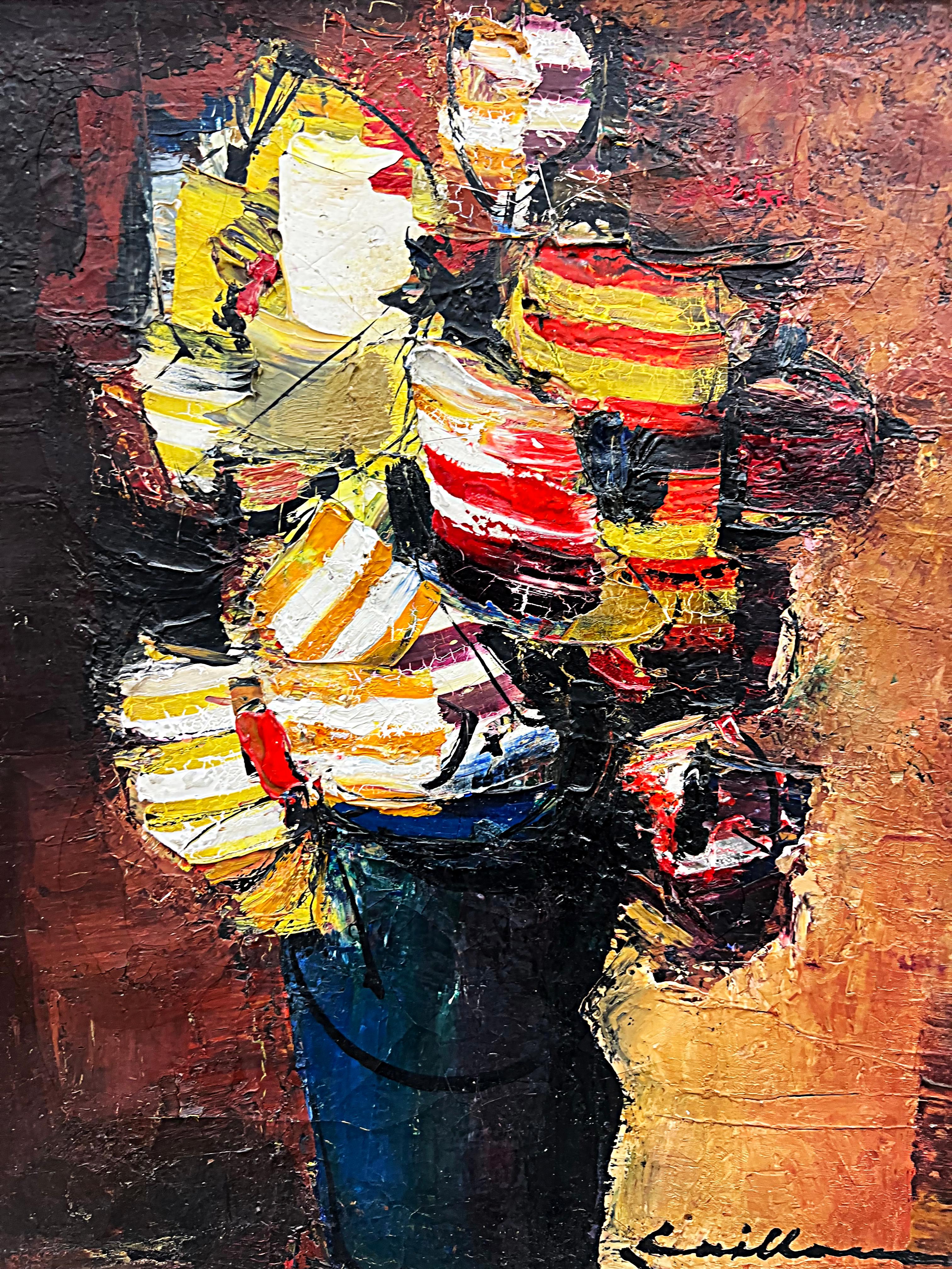 1950s French impressionist floral oil painting on canvas

Offered for sale is a 1950s French impressionist oil painting of a vase with colorful flowers. The painting has an excellent composition with the use of extremely heavy impasto palette