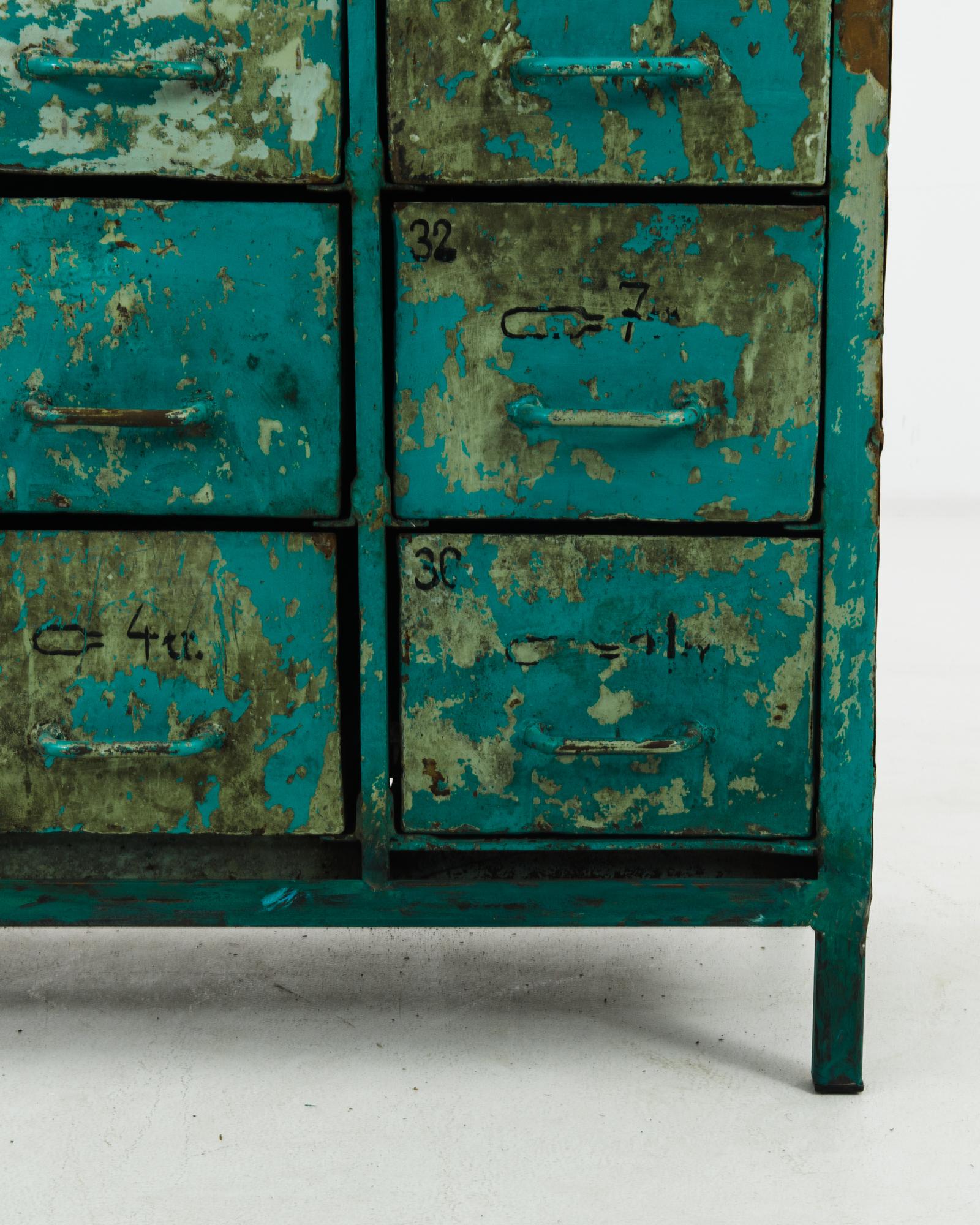1950s French Industrial Filing Cabinet with Teal Patina In Good Condition In High Point, NC
