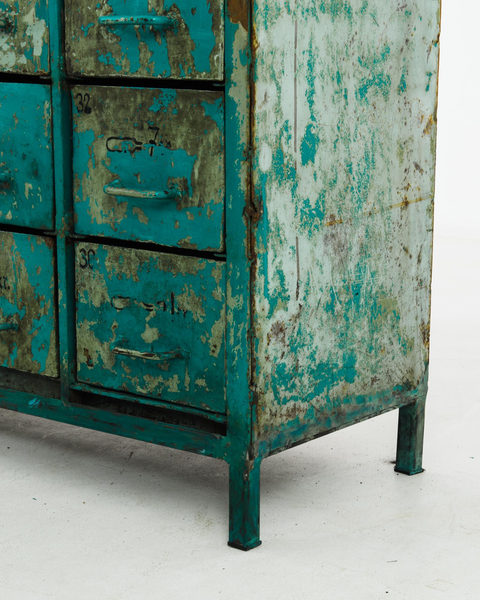 Mid-20th Century 1950s French Industrial Filing Cabinet with Teal Patina