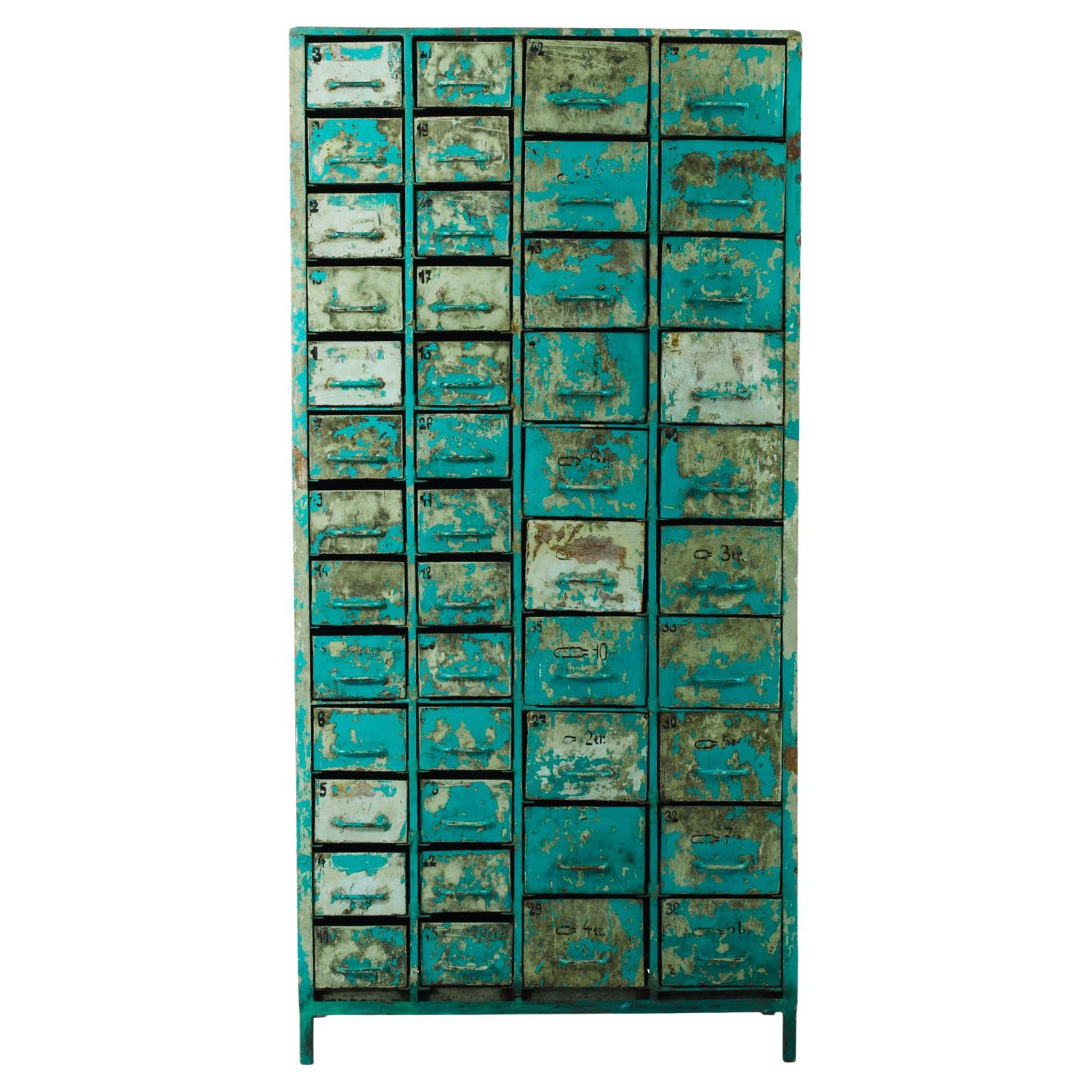 1950s French Industrial Filing Cabinet with Teal Patina
