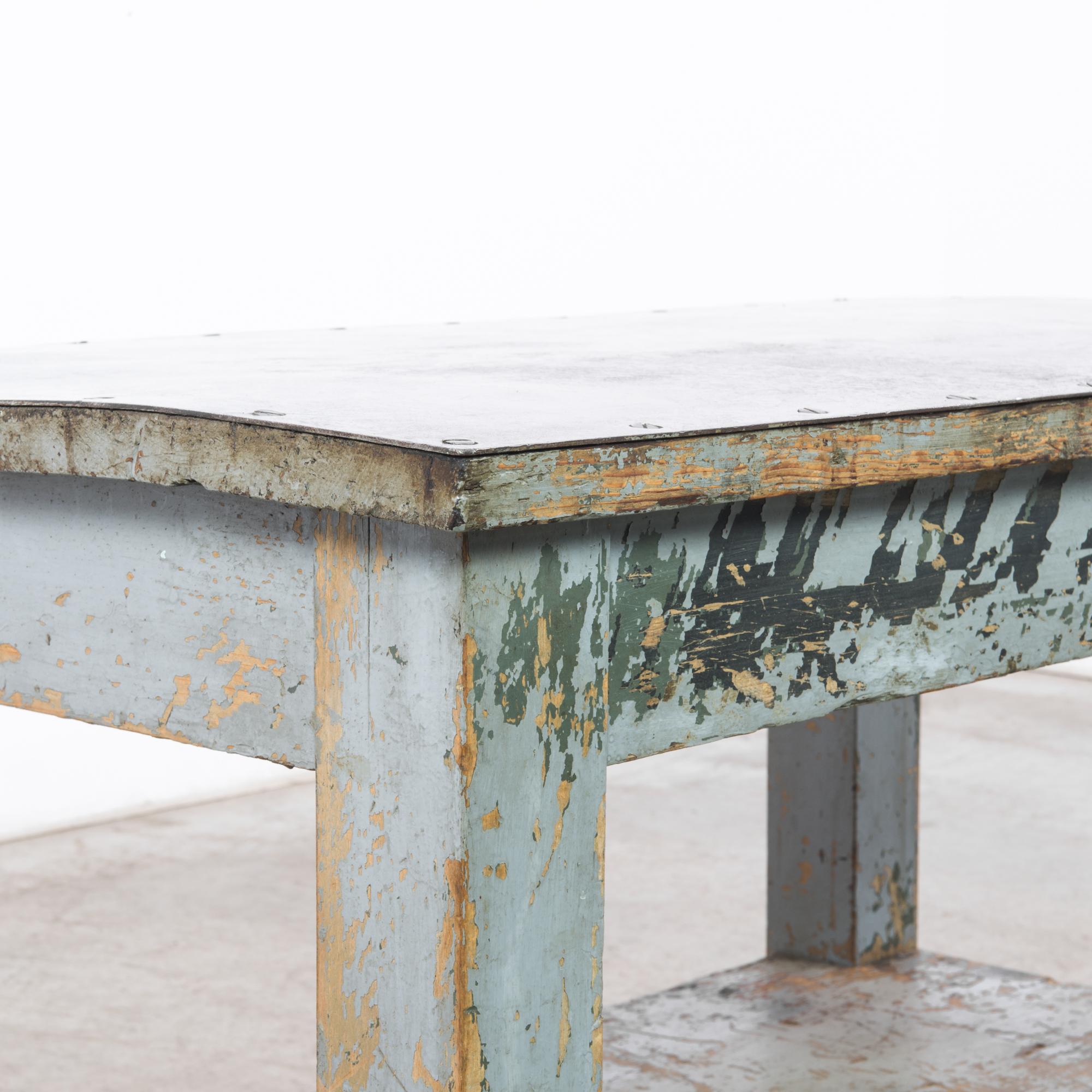 1950s French Industrial Table with Metal Top 1