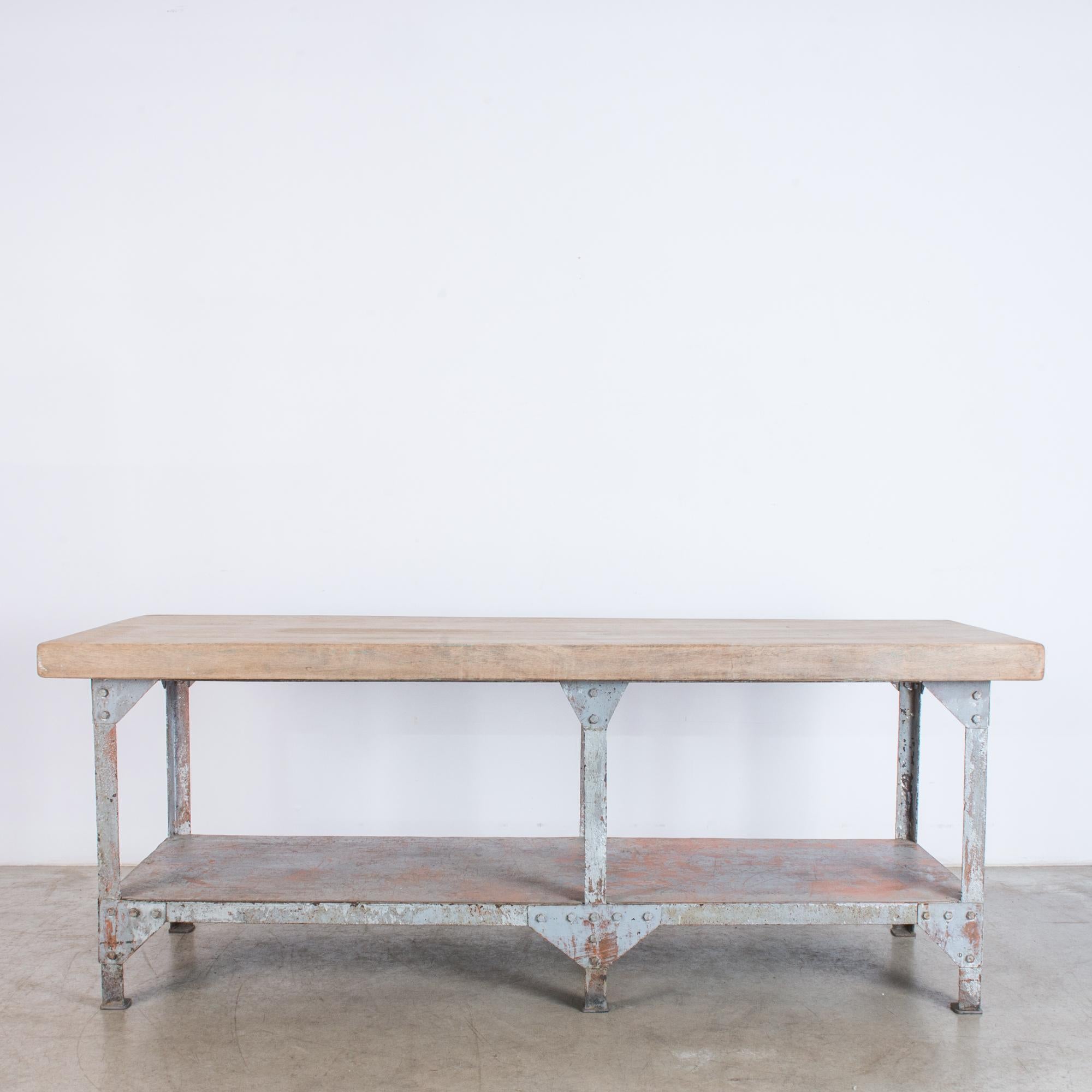 Bolted steel structure supports extremely thick top. Harmonious design of industry, a combination of simple forms in muted time worn neutral colour palette. Cerused oak contains traces of original pigment, restored in our studio, matched to the