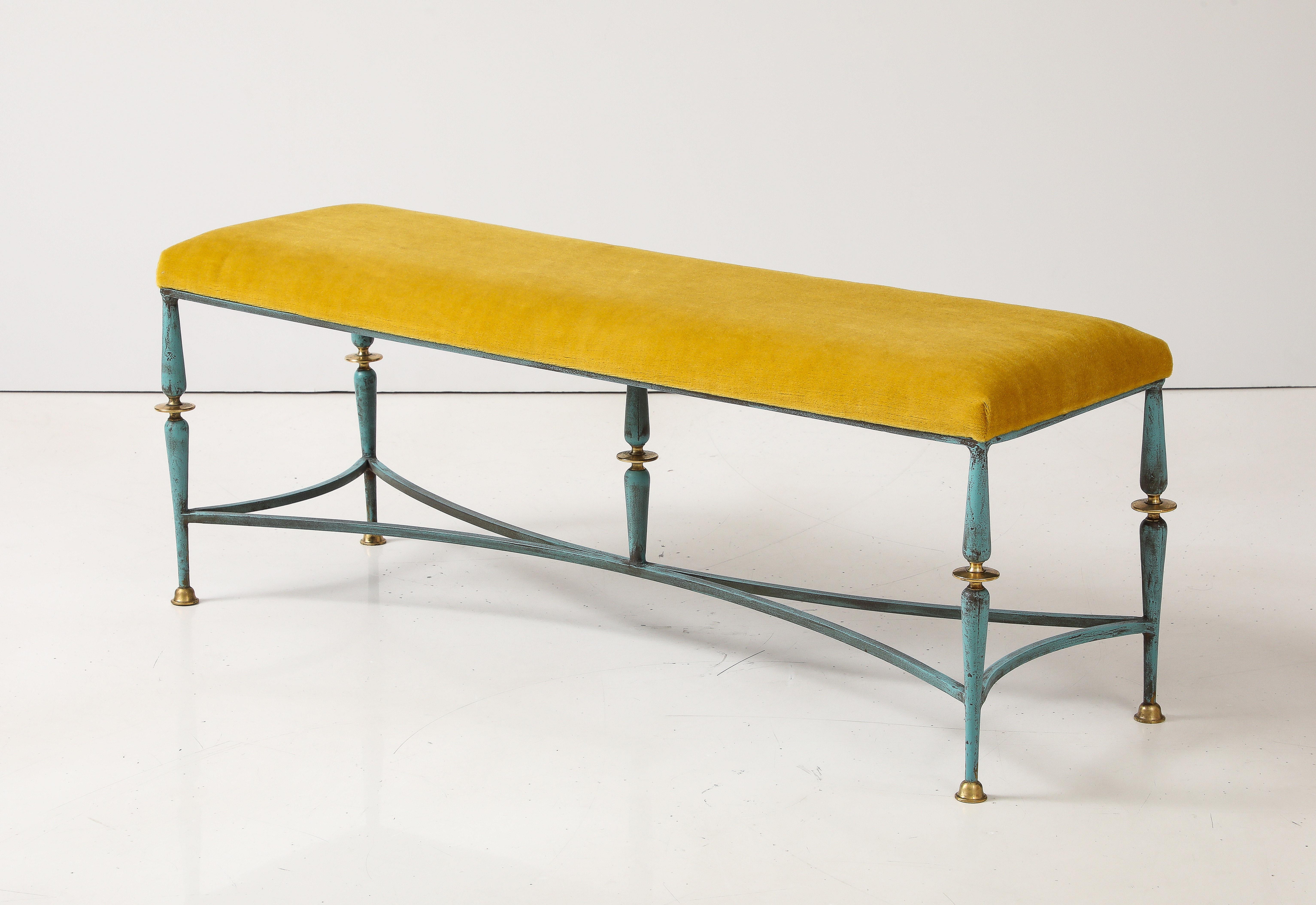 Amazing 1950's well made and very heavy solid iron and brass bench with distressed turquoise finish to the iron and new Donghia Mohair upholstery, in vintage condition with some wear and patina due to age and use. 
