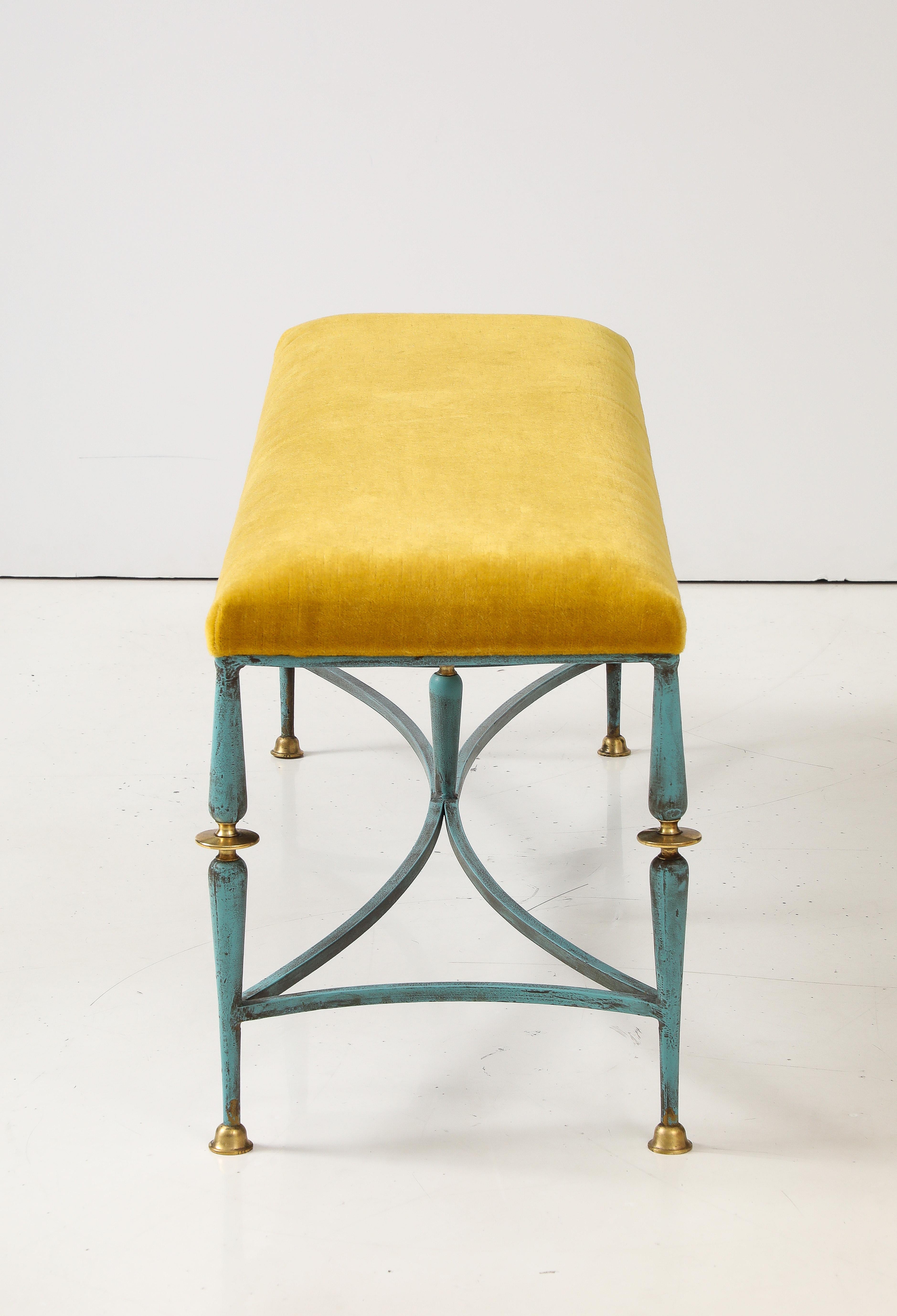 Mid-Century Modern 1950's French Iron And Brass Bench With Mohair Upholstery