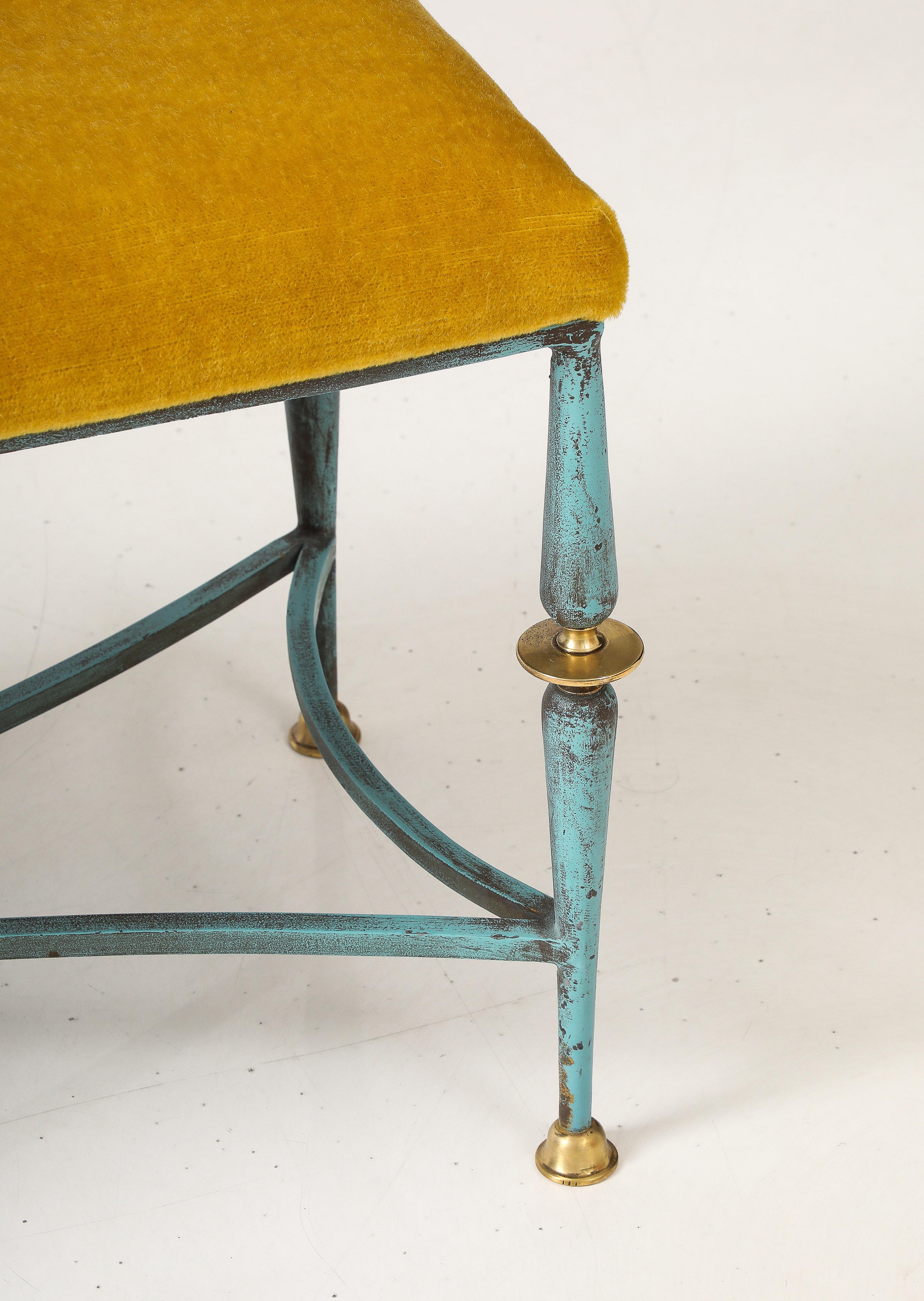 1950's French Iron And Brass Bench With Mohair Upholstery In Good Condition In New York, NY