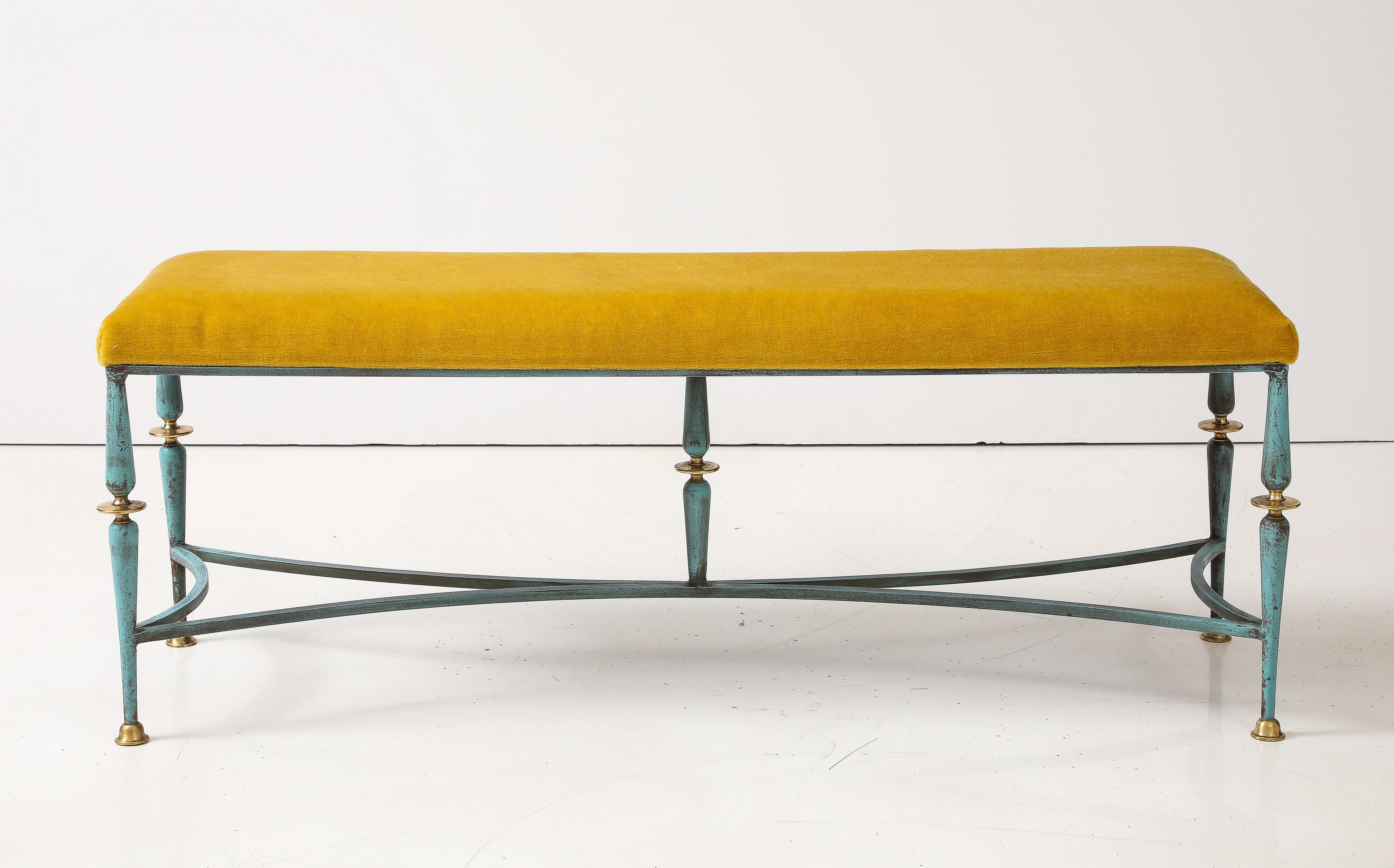 Mid-20th Century 1950's French Iron And Brass Bench With Mohair Upholstery