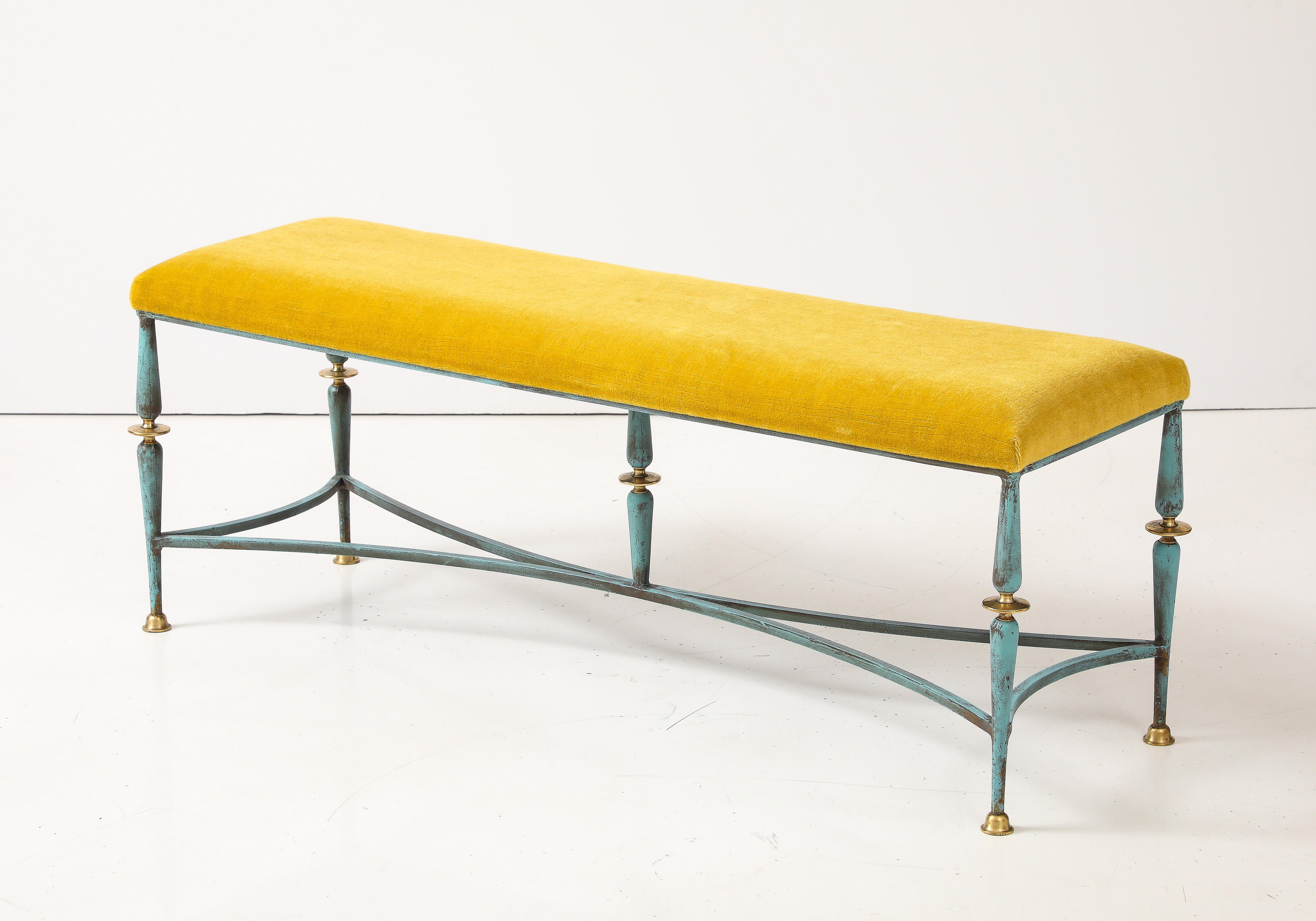 1950's French Iron And Brass Bench With Mohair Upholstery 3