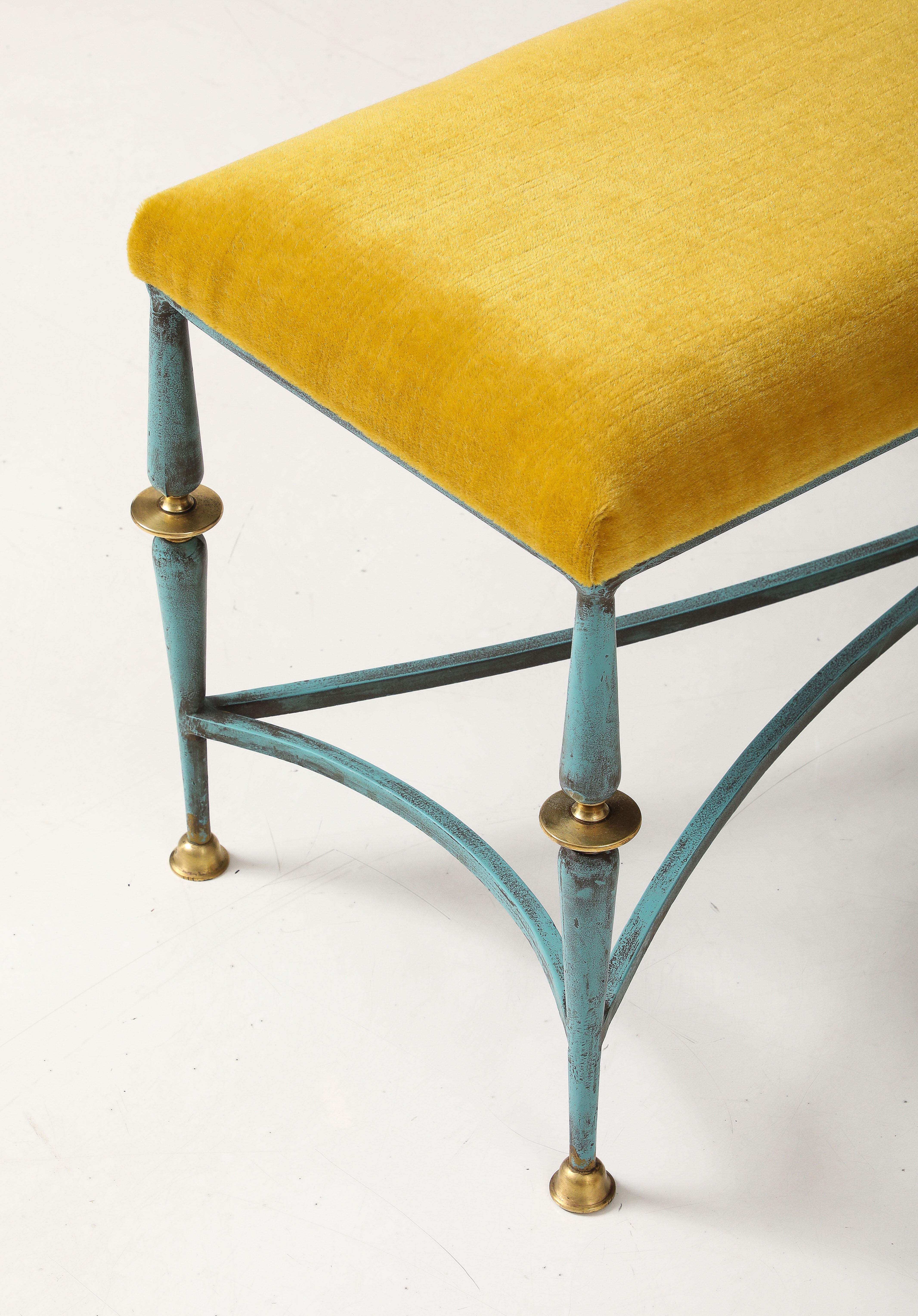 1950's French Iron And Brass Bench With Mohair Upholstery 4