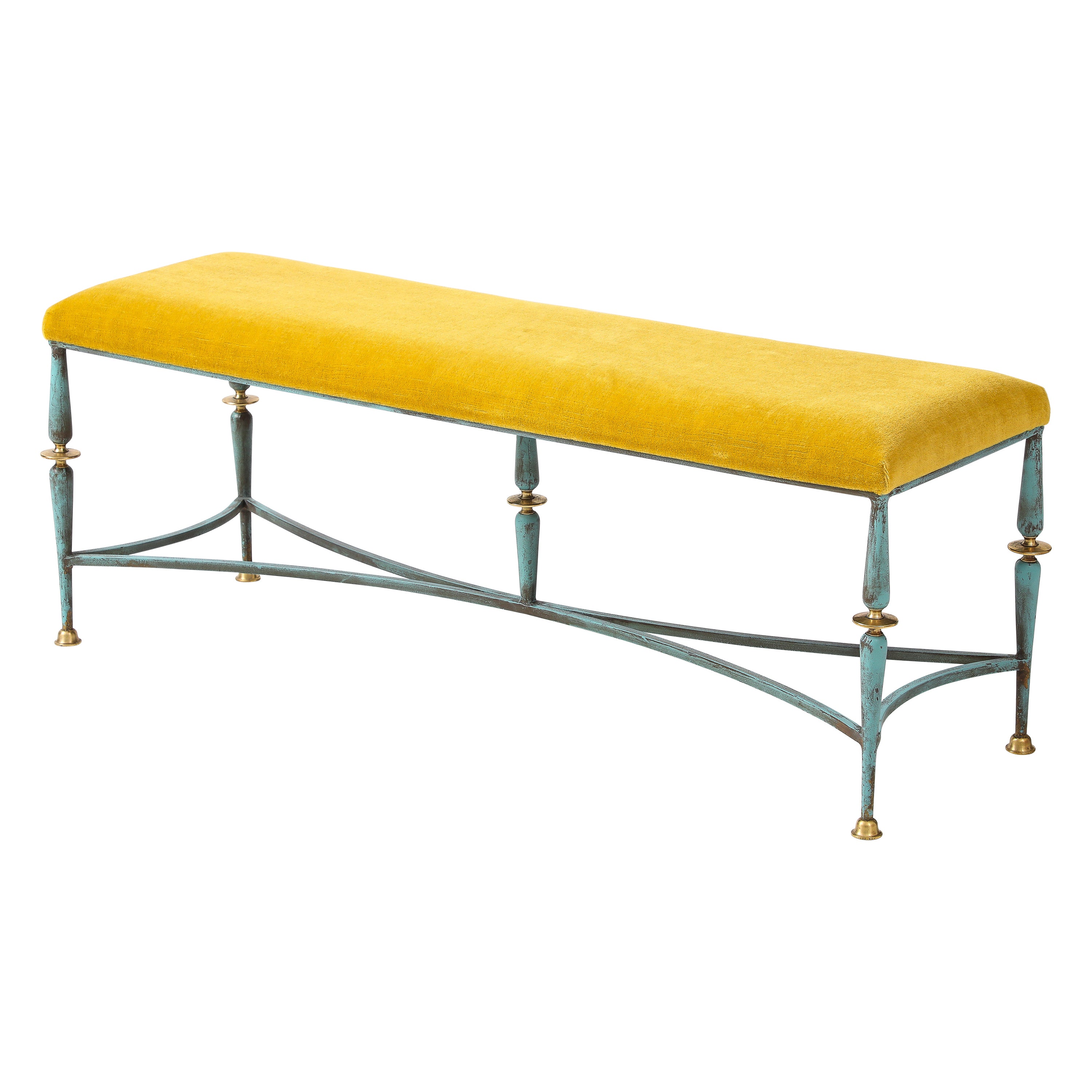 1950
s French Iron And Brass Bench With Mohair Upholstery