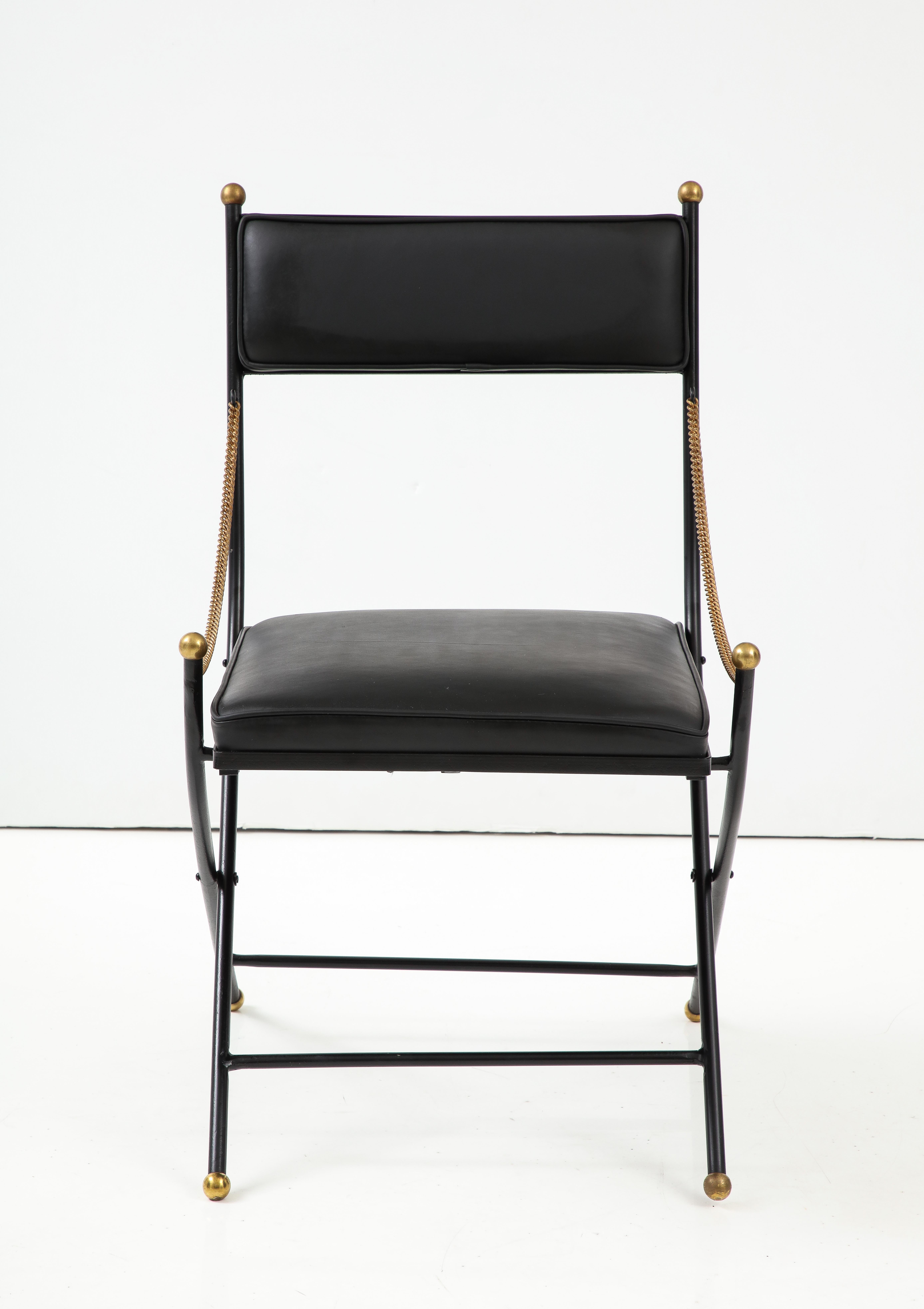 1950's French Iron And Brass Folding Dining Chairs In Leather Upholstery For Sale 9