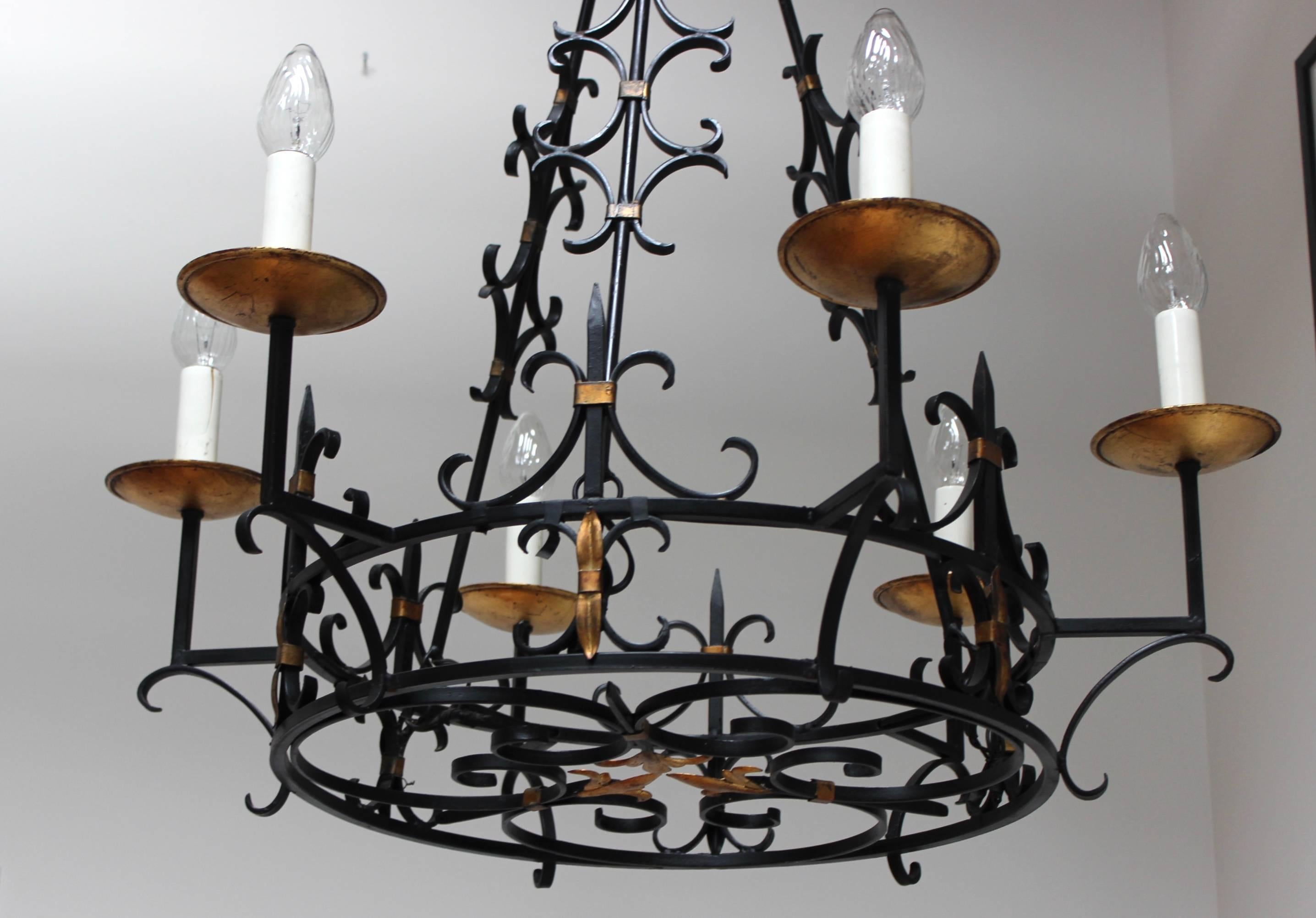 Hollywood Regency 1950s French Iron and Gilt Large Chandelier