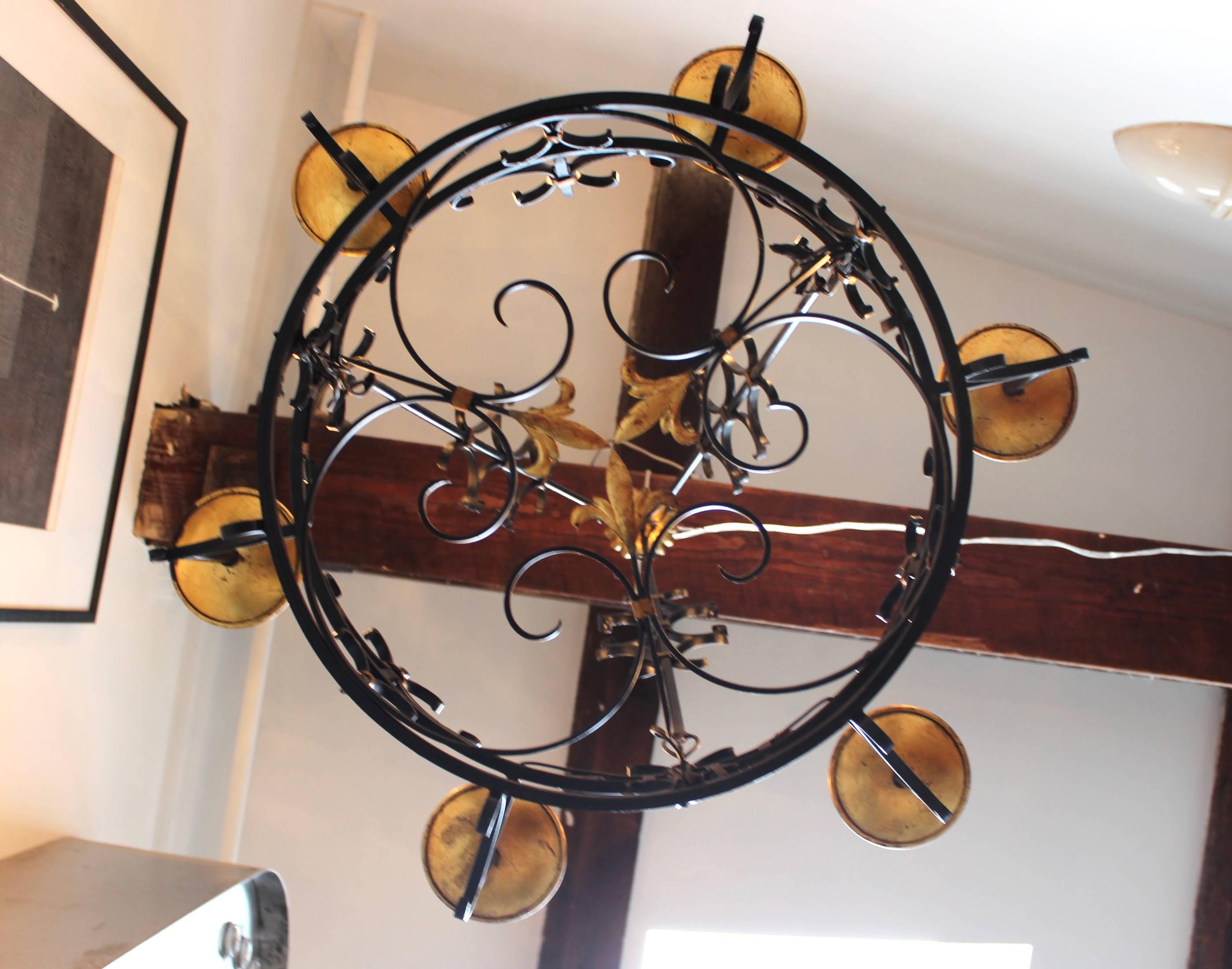 1950s French Iron and Gilt Large Chandelier In Good Condition In New York, NY