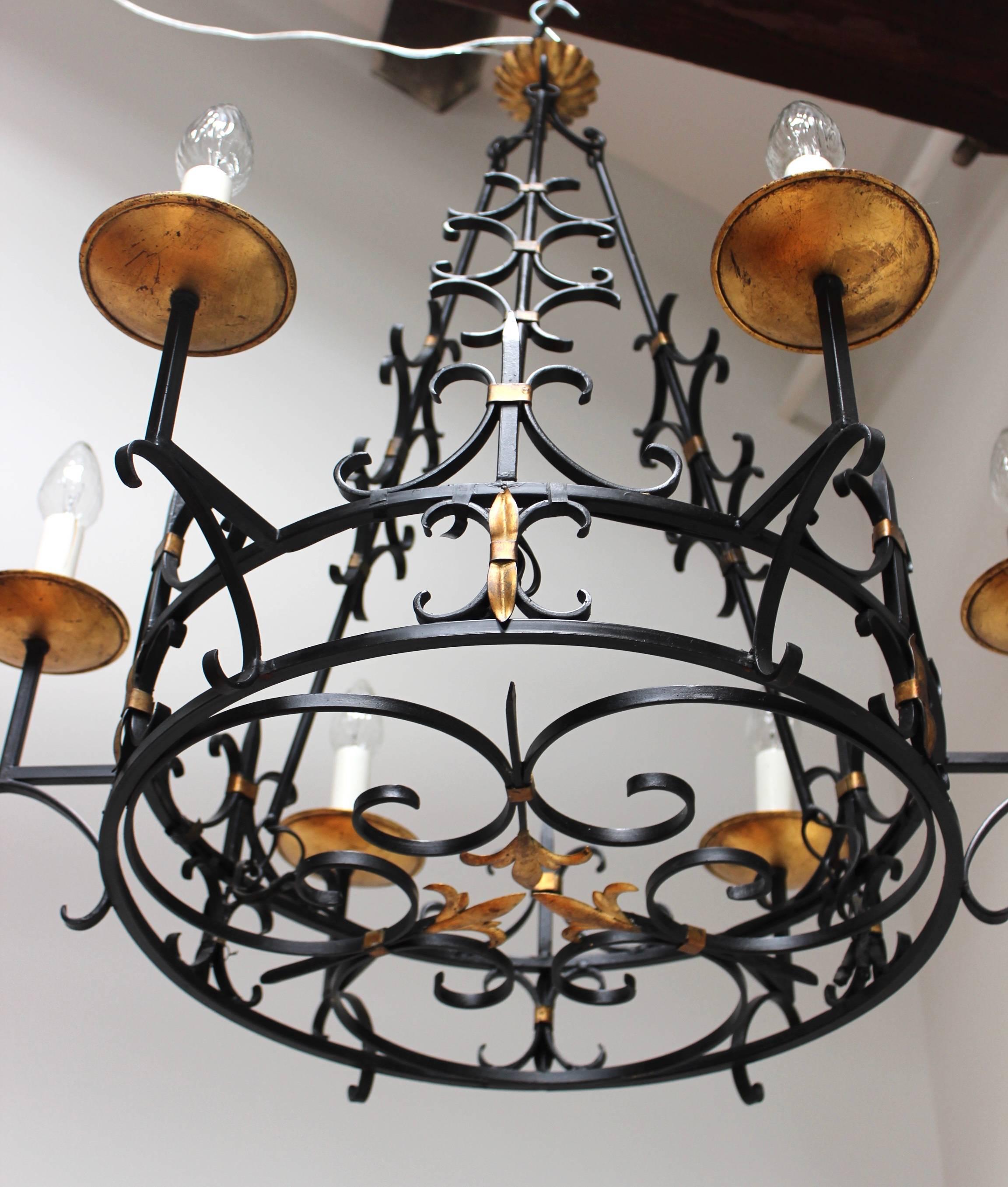 1950s French Iron and Gilt Large Chandelier 1