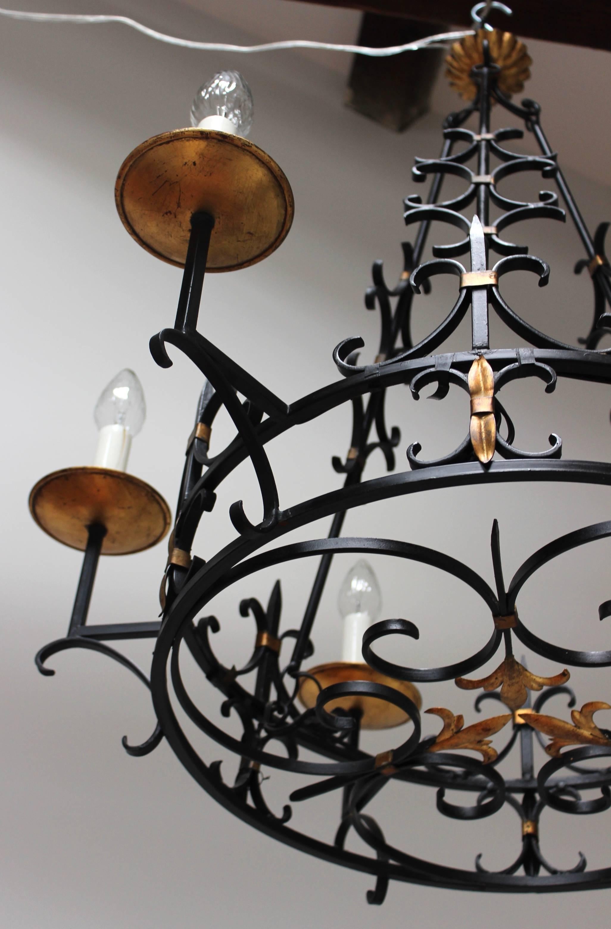 1950s French Iron and Gilt Large Chandelier 3