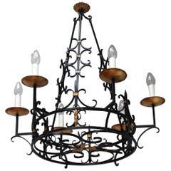 1950s French Iron and Gilt Large Chandelier