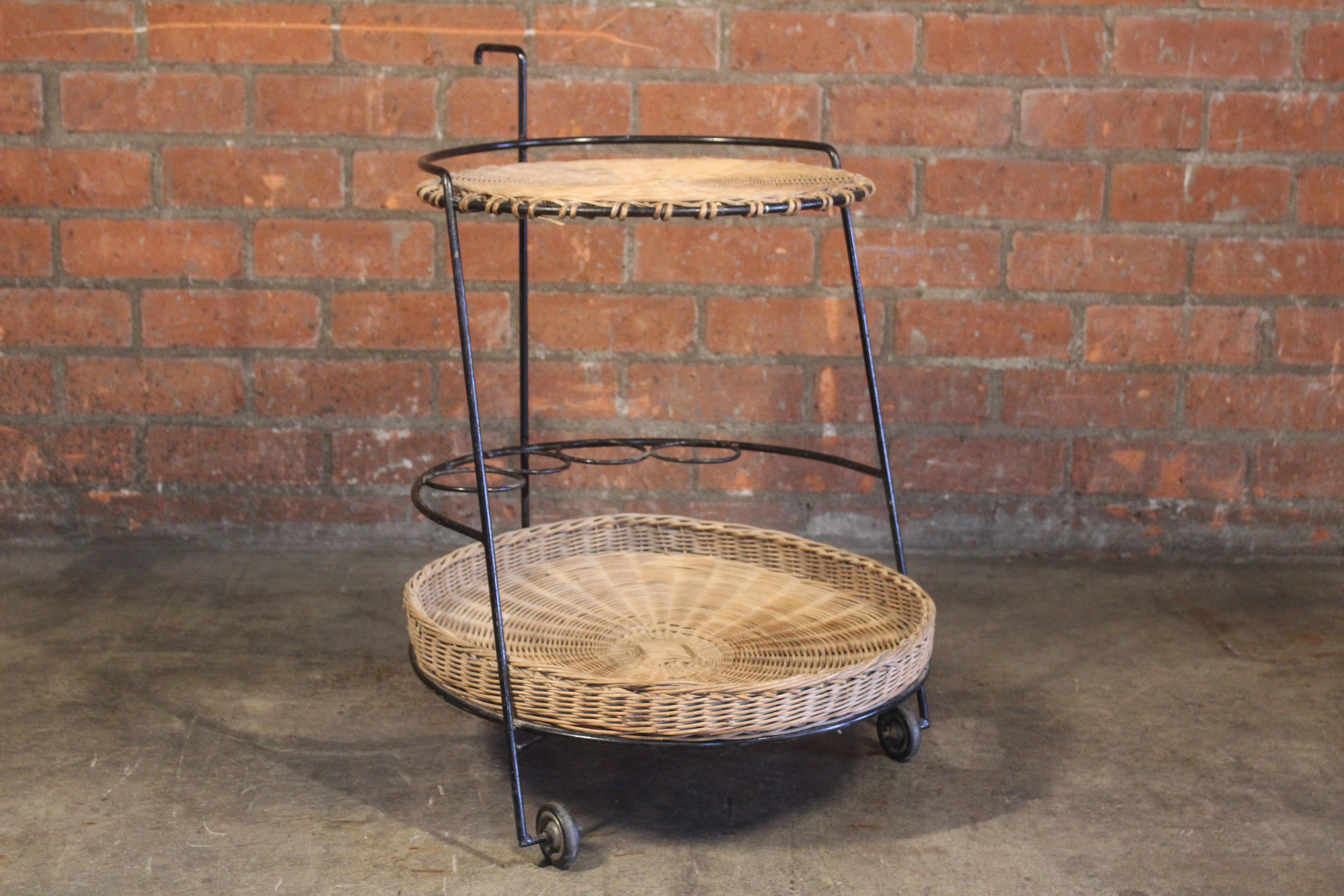 1950s French Iron and Wicker Bar Cart by Atelier Marolles 10